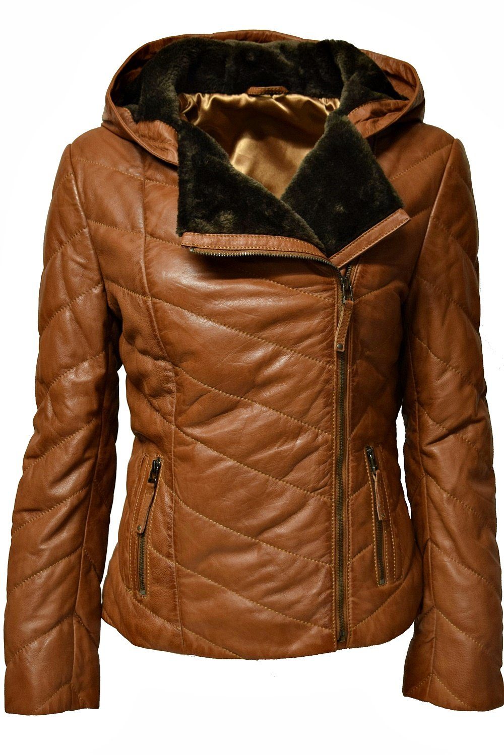 Zimmert Leather Lederjacke Mariella Stepp-Lederjacke aus weichem Leder mit Kapuze Dunkelcognac