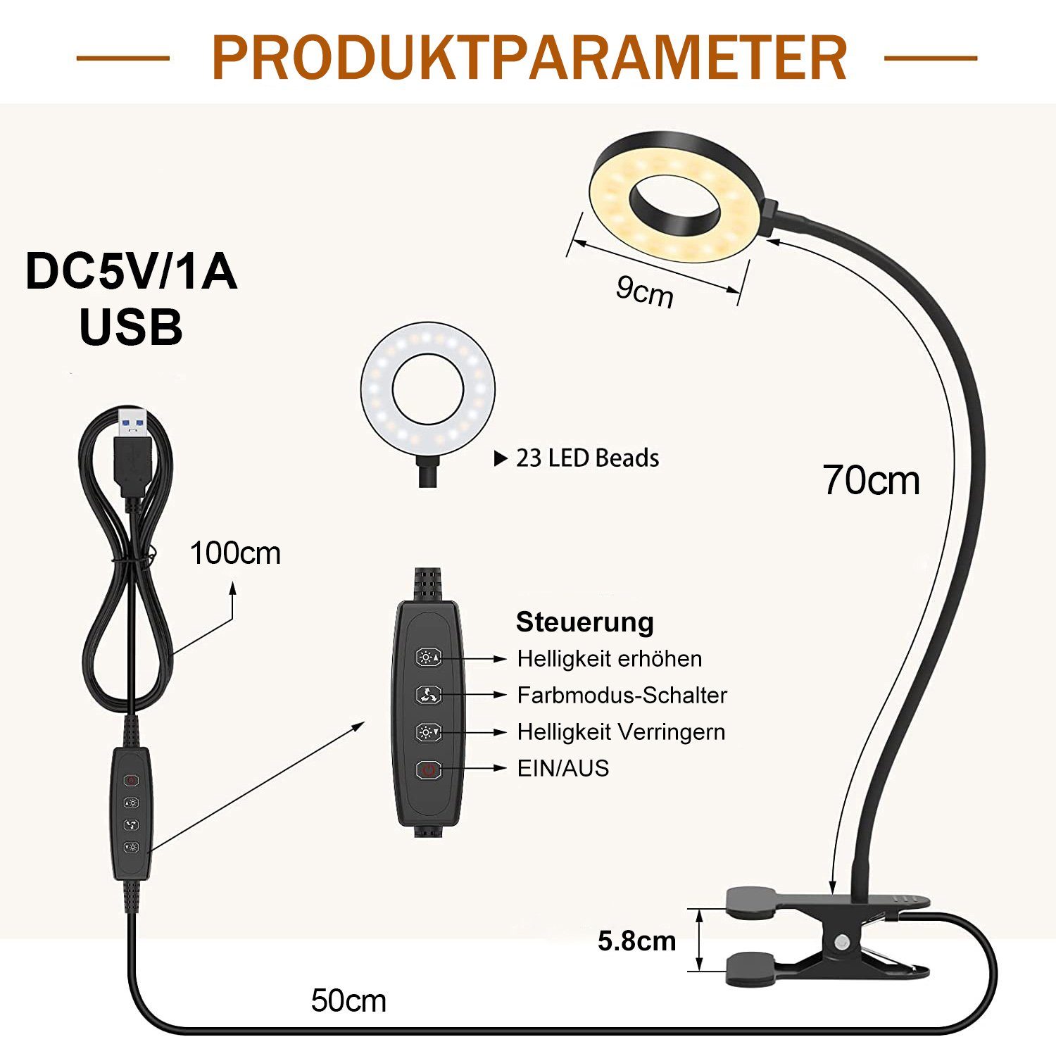 Rosnek LED Klemmleuchte Ringlicht, Clip-On, 3 Farben, dimmbar, für Kopfteil Büro Schreibtisch, 3000K Warmweiß, 4500K Naturweiß, 6500K Kaltweiß, flexibler Schwanenhals, USB