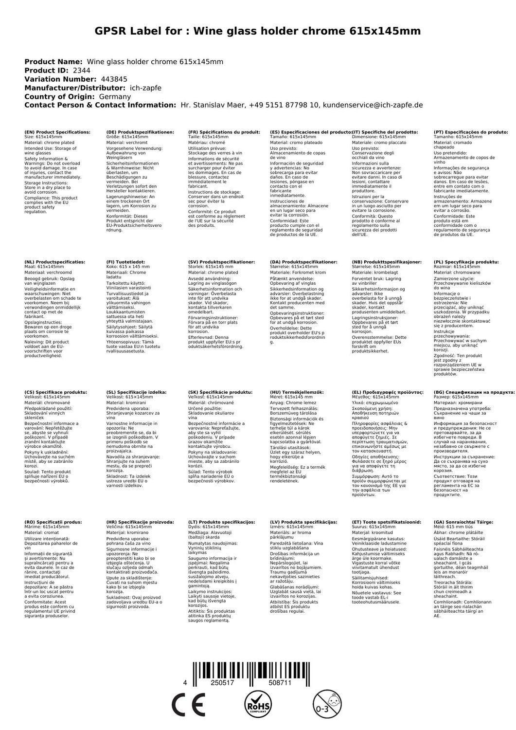 FUCHS Gläserhalter Weinglashalter chrom 615x145mm