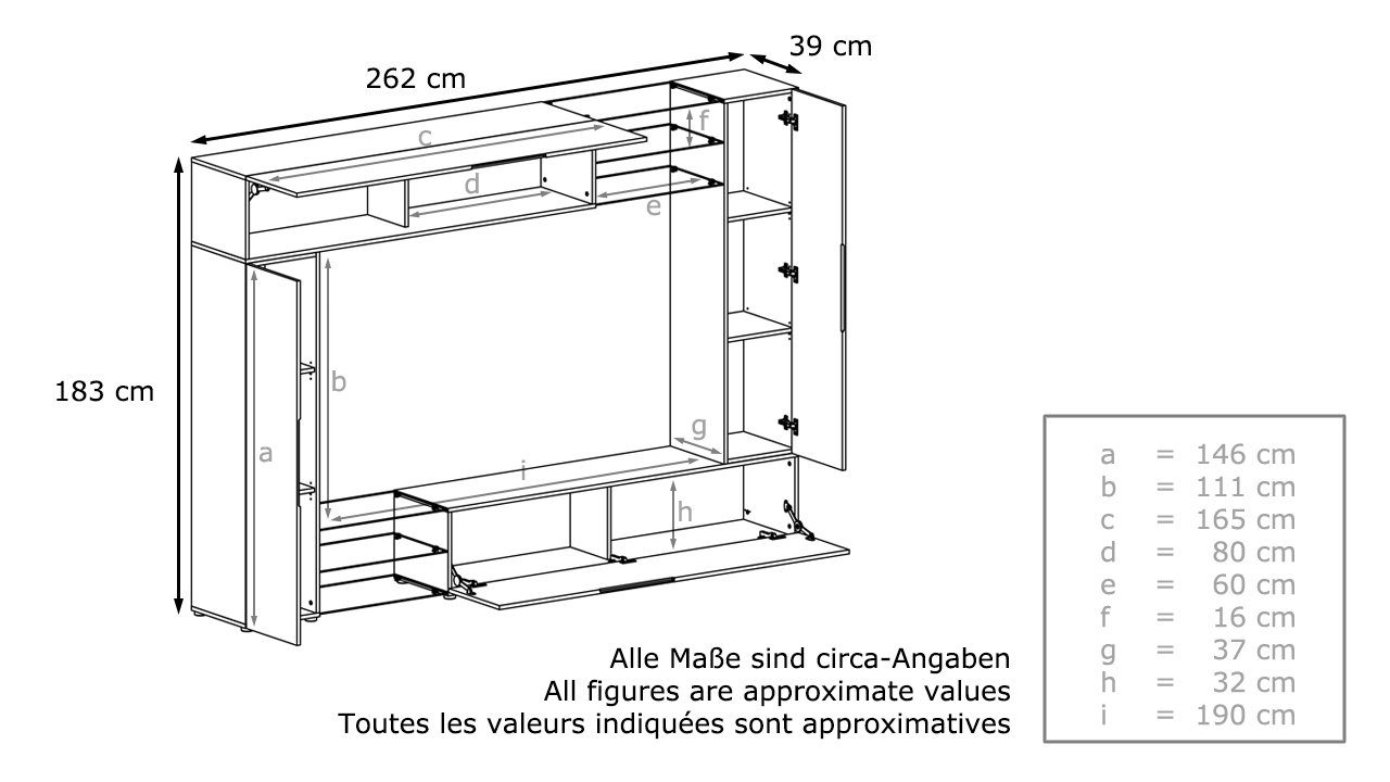 Vladon Wohnwand Mirage, 183 Türen, Klappen matt/Beton (Anbauwand x Optik mit Weiß (262 und Front Rückwand Beton in 6 2 mit 2 offenen Glasablagen), x Oxid cm) 39 Oxid-Optik 4-St