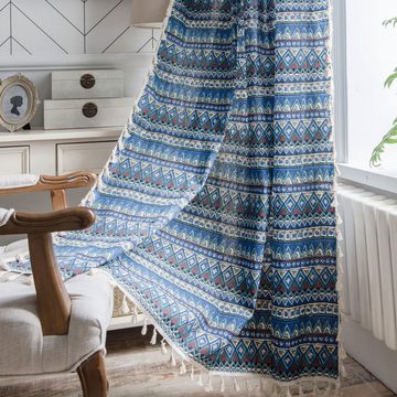 Vorhang Vorhang Vorhang mit geometrischem Druck böhmisches Blau, AUKUU, kleines Fenster Küchenvorhang Baumwolle und Leinen