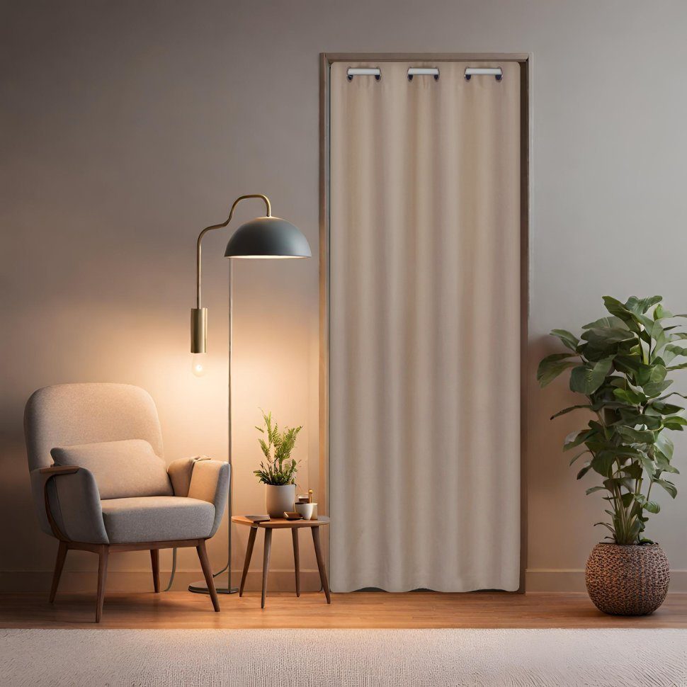 Türvorhang mit Stange weiß 70-120 cm Thermo Vorhang ohne Bohren, blickdicht, tinycurtains, Ösen, verdunkelnd, Polyester, beige Driftwood, Türgardine mit Klemmstange Raumtrenner Vorhang Tür Beige (Driftwood)