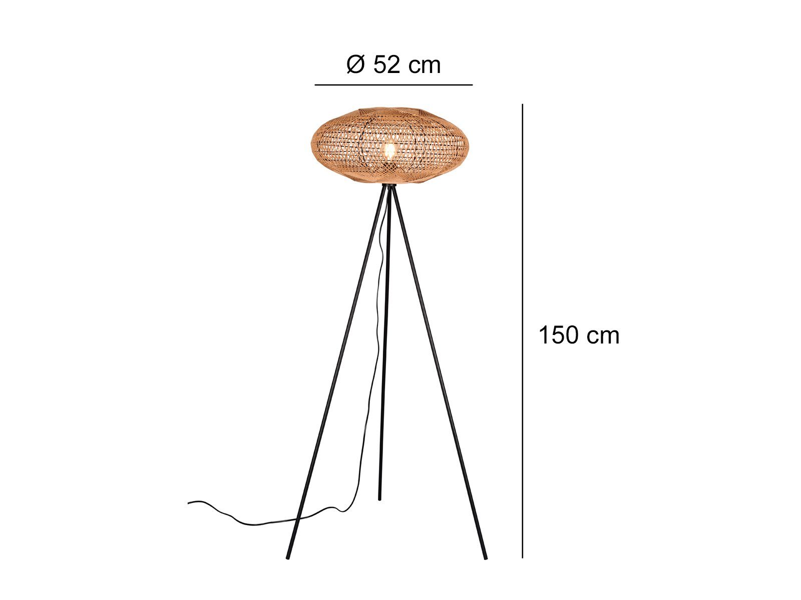 warmweiß, Boho dimmbar ausgefallene LED 150cm meineWunschleuchte Korblampe Tripod Höhe moderne Dimmfunktion, Dreibein Stehlampe, wechselbar, LED