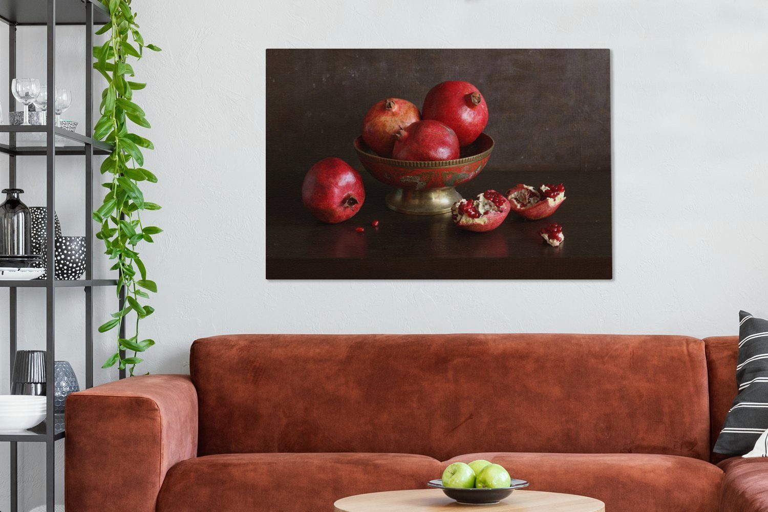 Gemälde, XXL, St), (1 Leinwandbild Wohnbereiche, für Obstschale Wandbild - Granatapfel OneMillionCanvasses® Dekoration, großes, cm 120x80 - alle