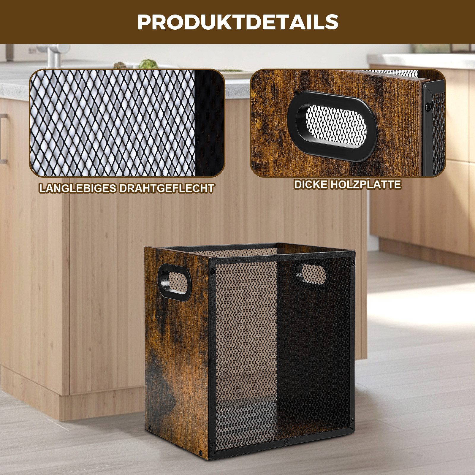 PRIISF Papierkorb Mülleimer Müllkorb Abfalleimer Papierkorb Papiereimer aus Stahl Holz, 17L Papiermüll Metallgitter Müllbehälter für Heimbüro, Arbeitszimmer