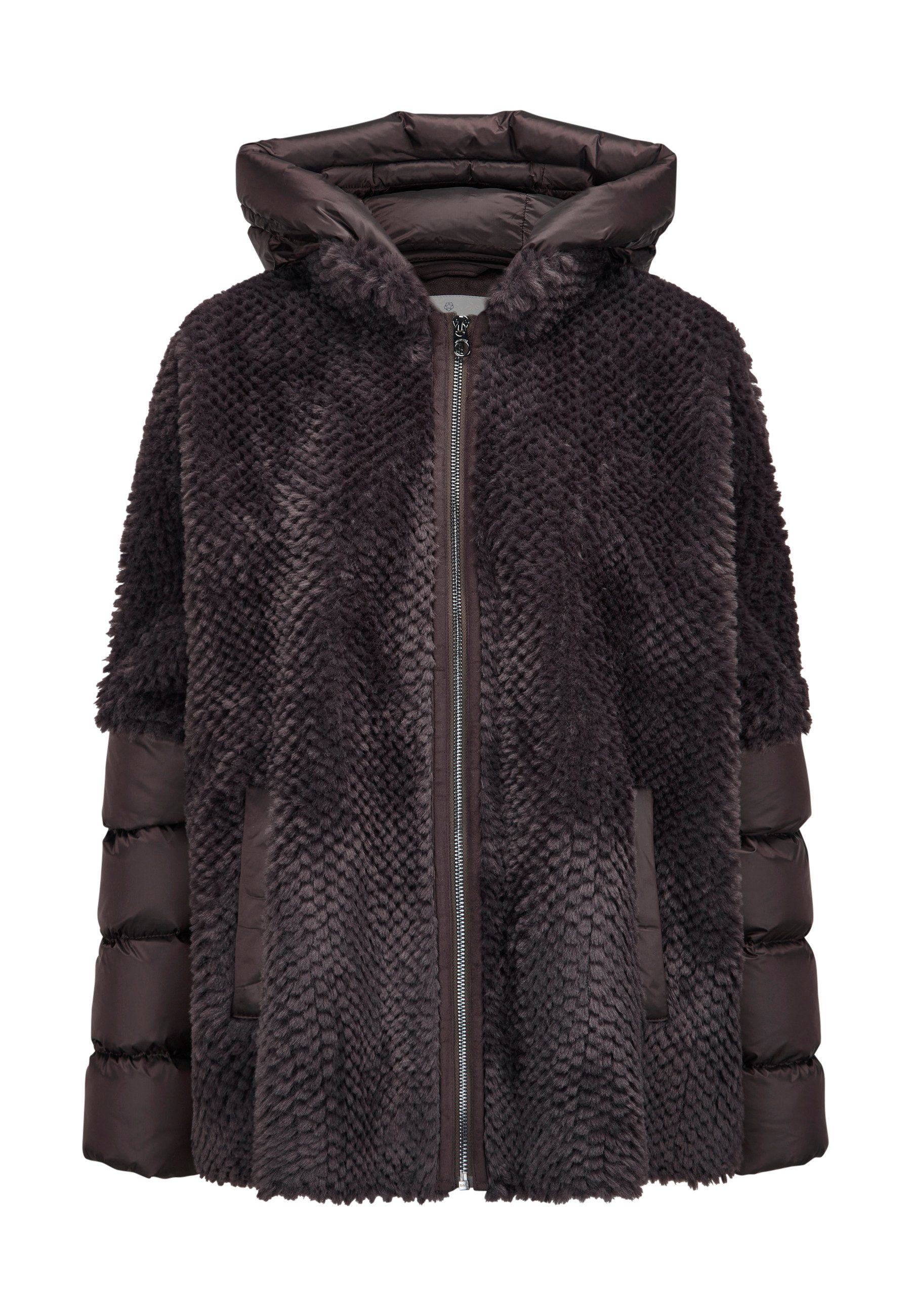 Milestone Cape MSWega Fake-Fur-Stepp-Mix mit veganer Fake-Daune & abnehmbarer Kapuze