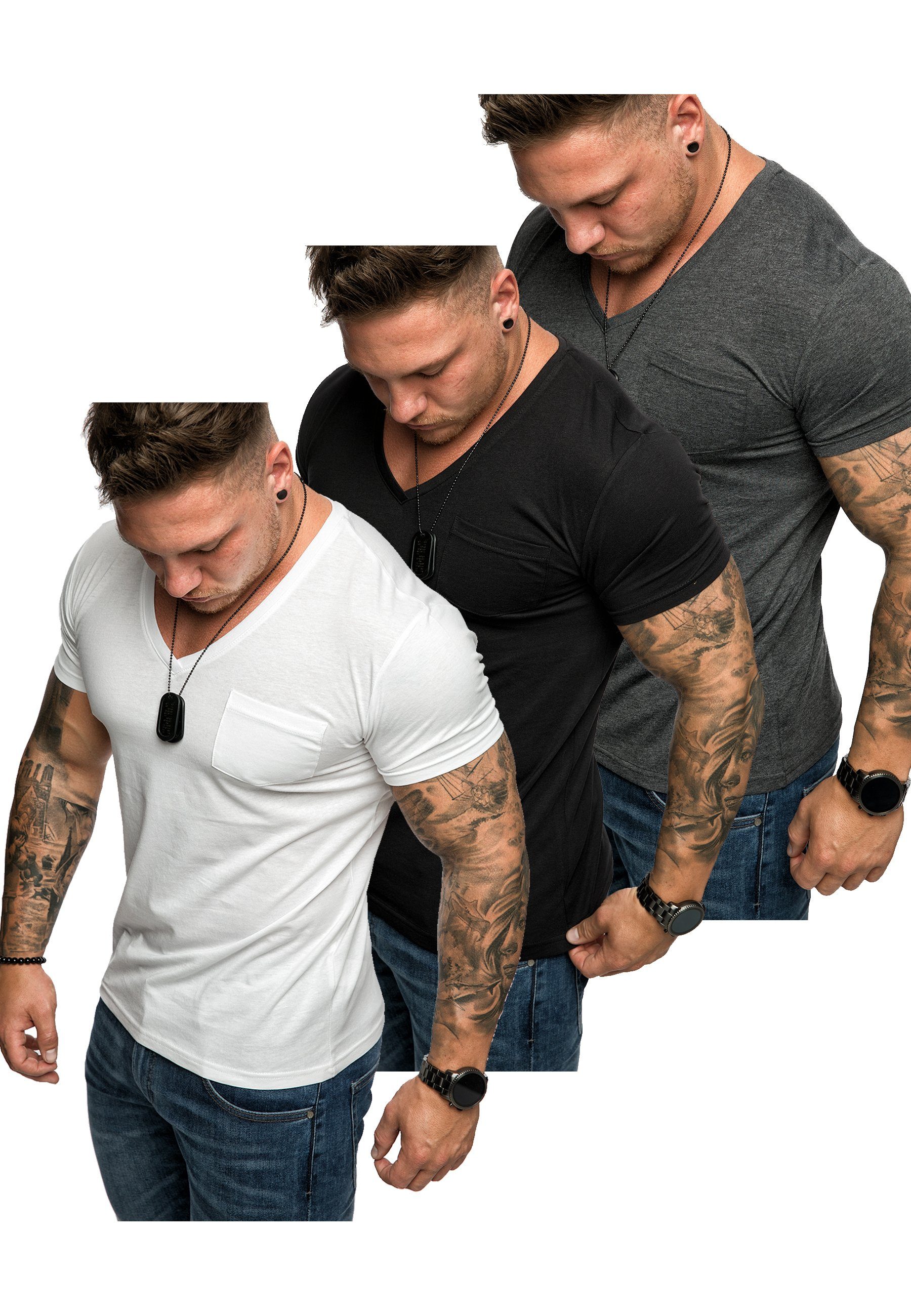 Amaci&Sons T-Shirt 3. PATERSON T-Shirt T-Shirts (Weiß (3er-Pack) + Anthrazit) Herren Herren 3er-Pack Oversize mit Schwarz Basic + V-Ausschnitt