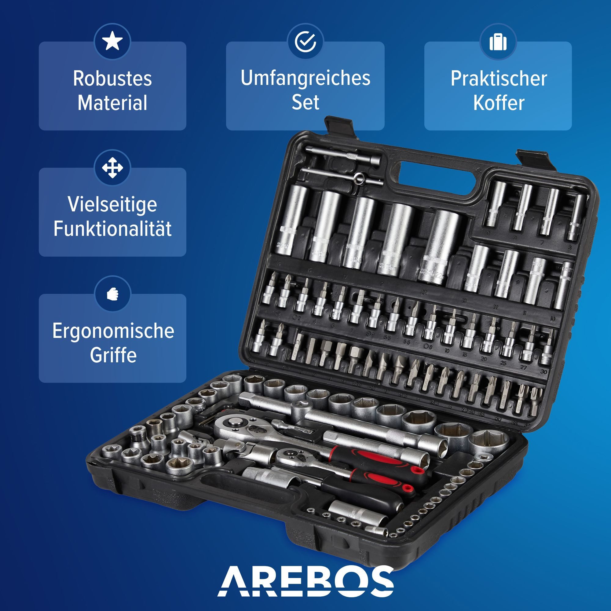 Arebos Werkzeugkoffer Steckschlüsselsatz, Steckschlüssel - Bitsatz (Set, 108 St)