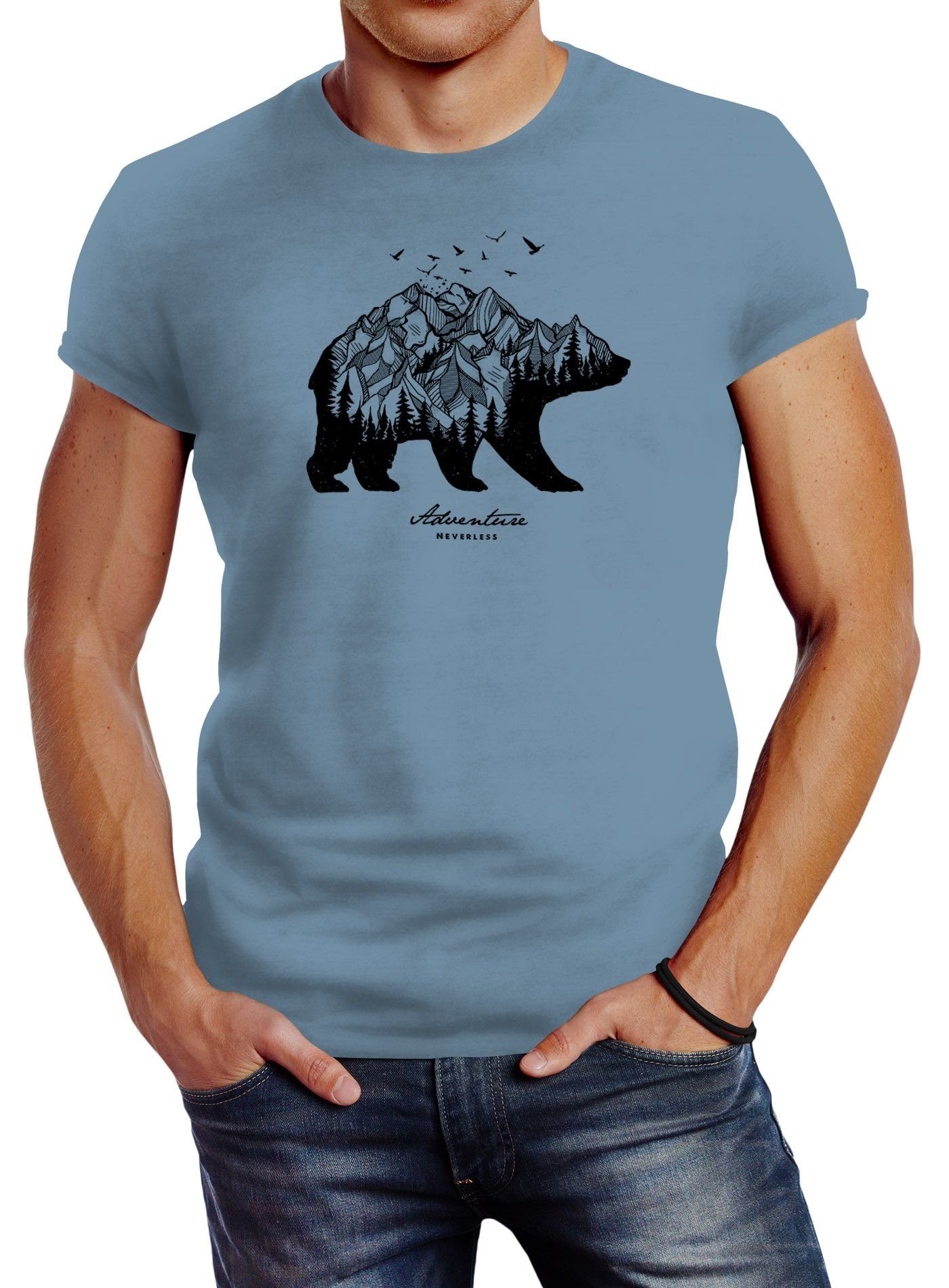 Print Abenteuer Berge Neverless® T-Shirt Print-Shirt Adventure Mountains mit Slim Neverless Herren Wald Fit Bear Bär blau
