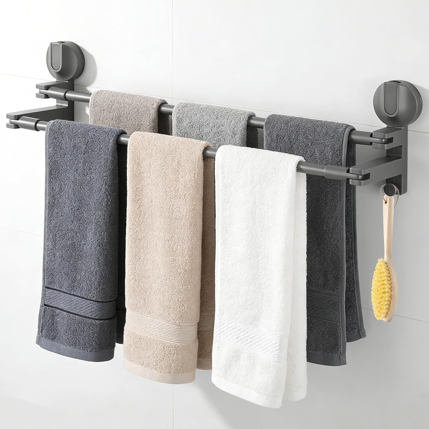 BlingBin Handtuchhalter Wandmontage Verstellbare Doppelte Handtuchstange Ohne Bohren, Ausziehbar Handtuchhalter Saugnapf mit 2 Haken für Küche, Dusche