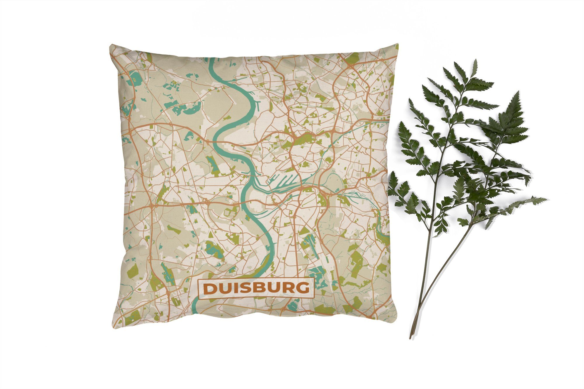 - Schlafzimmer, Deko, MuchoWow für - Dekokissen mit Duisburg Vintage Sofakissen Karte - Füllung Wohzimmer, Stadtplan, Zierkissen