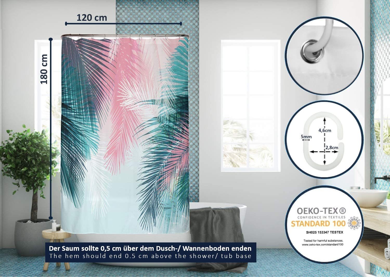 Arteneur Duschvorhang Breite 120 cm, Anti-Schimmel Beschichtet, Beschwerter Saum, Waschbar 40°C