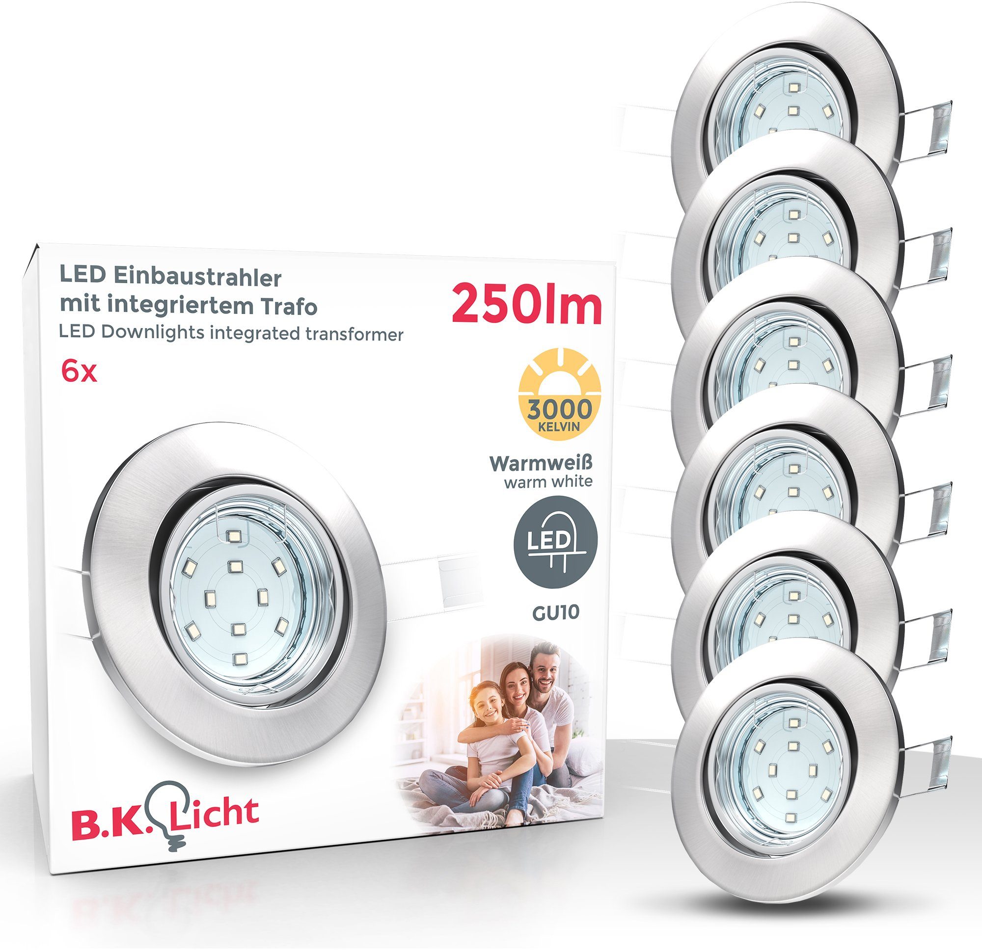 LED 3.000K GU10 3W B.K.Licht 6er SET wechselbar, Einbauleuchte LED Hila, 250 Warmweiß, Einbaustrahler schwenkbar Lumen Leuchtmittel inkl.