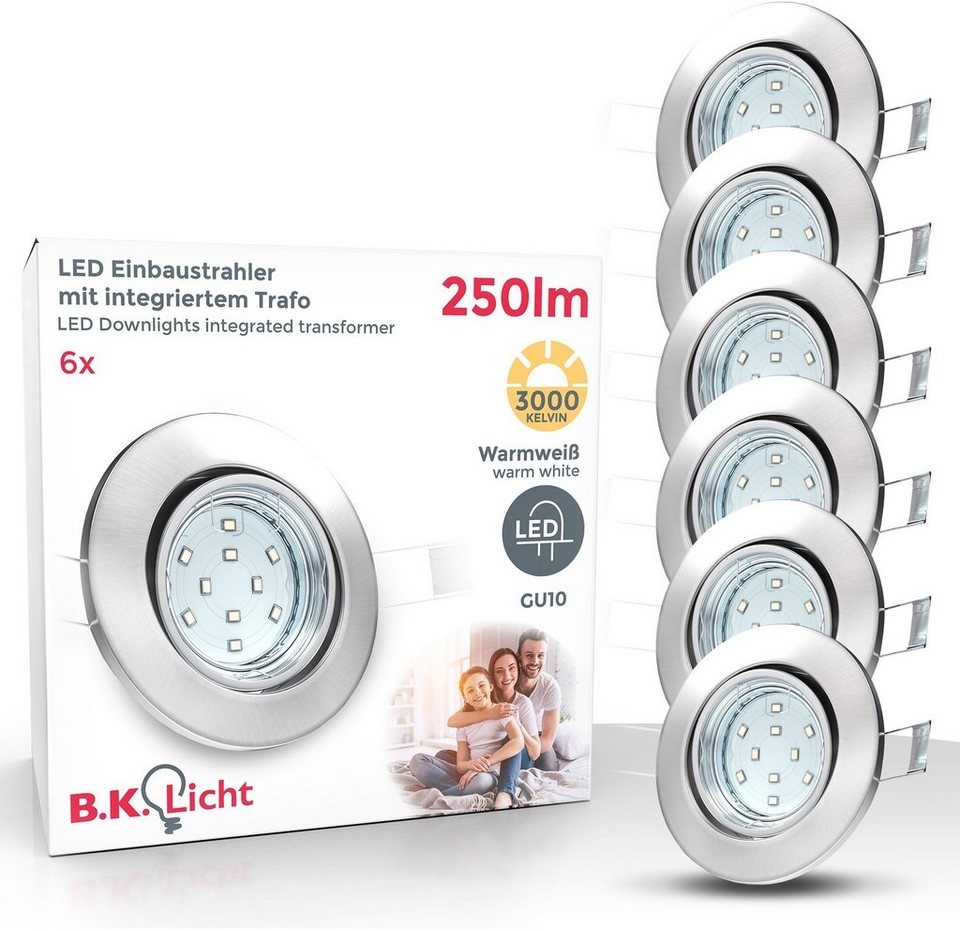 B.K.Licht LED Einbauleuchte Hila, Leuchtmittel wechselbar, Warmweiß, LED  Einbaustrahler schwenkbar inkl. 3W 250 Lumen GU10 3.000K 6er SET