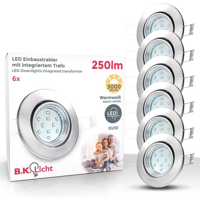 B.K.Licht LED Einbauleuchte Hila Leuchtmittel wechselbar Warmweiß LED Einbaustrahler schwenkbar inkl. 3W 250 Lumen GU10 3.000K 6er SET