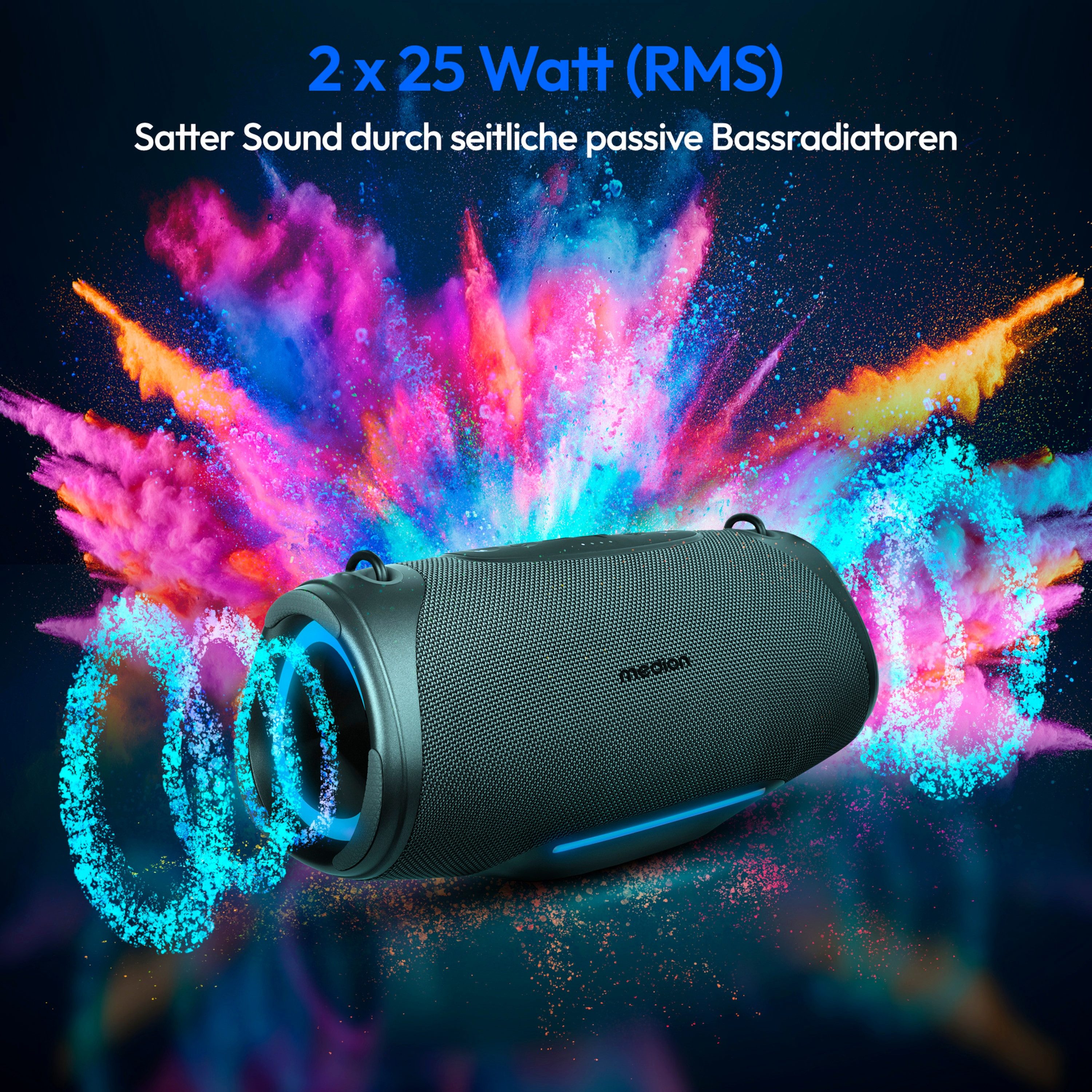 Medion® LIFE® P61762 (MD 43762) L Bluetooth-Lautsprecher (A2DP Bluetooth, AVRCP Bluetooth, Bluetooth, 50 W, tragbar, Bass Boost, Musikbox, RGB, IPX7, Powerbank, Anthrazit)