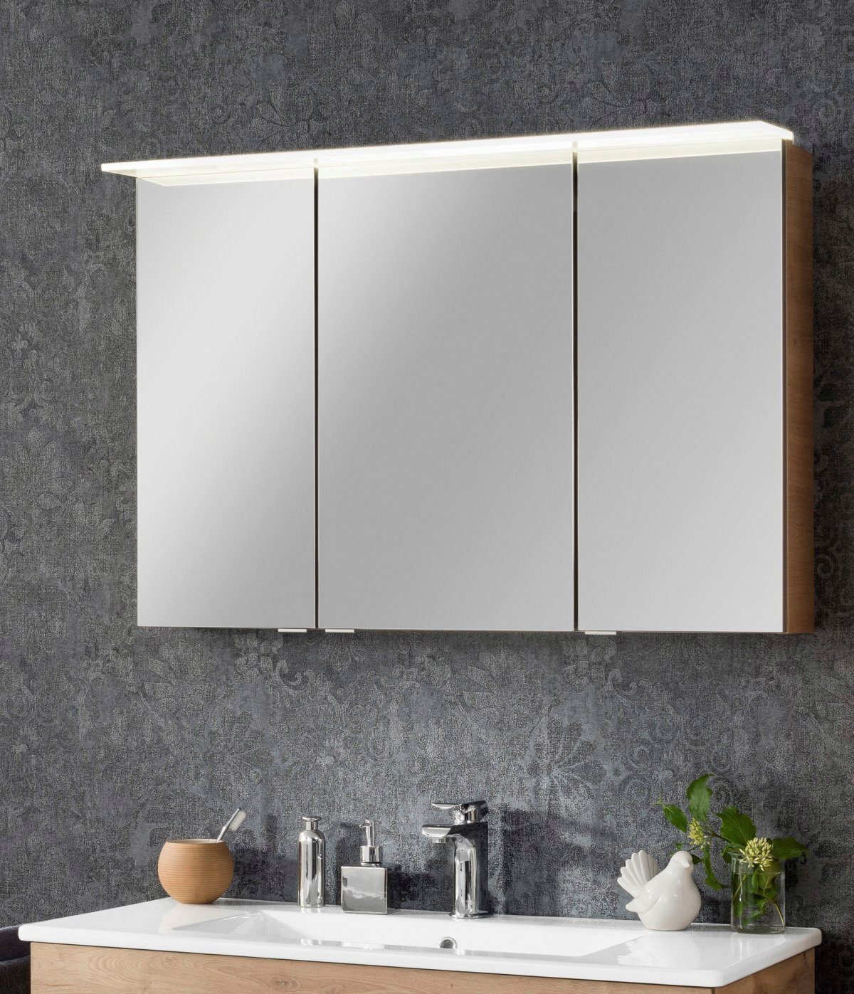 FACKELMANN Spiegelschrank PE 100 Breite 3 mit 100 cm, Türen Badmöbel Ast-Eiche 