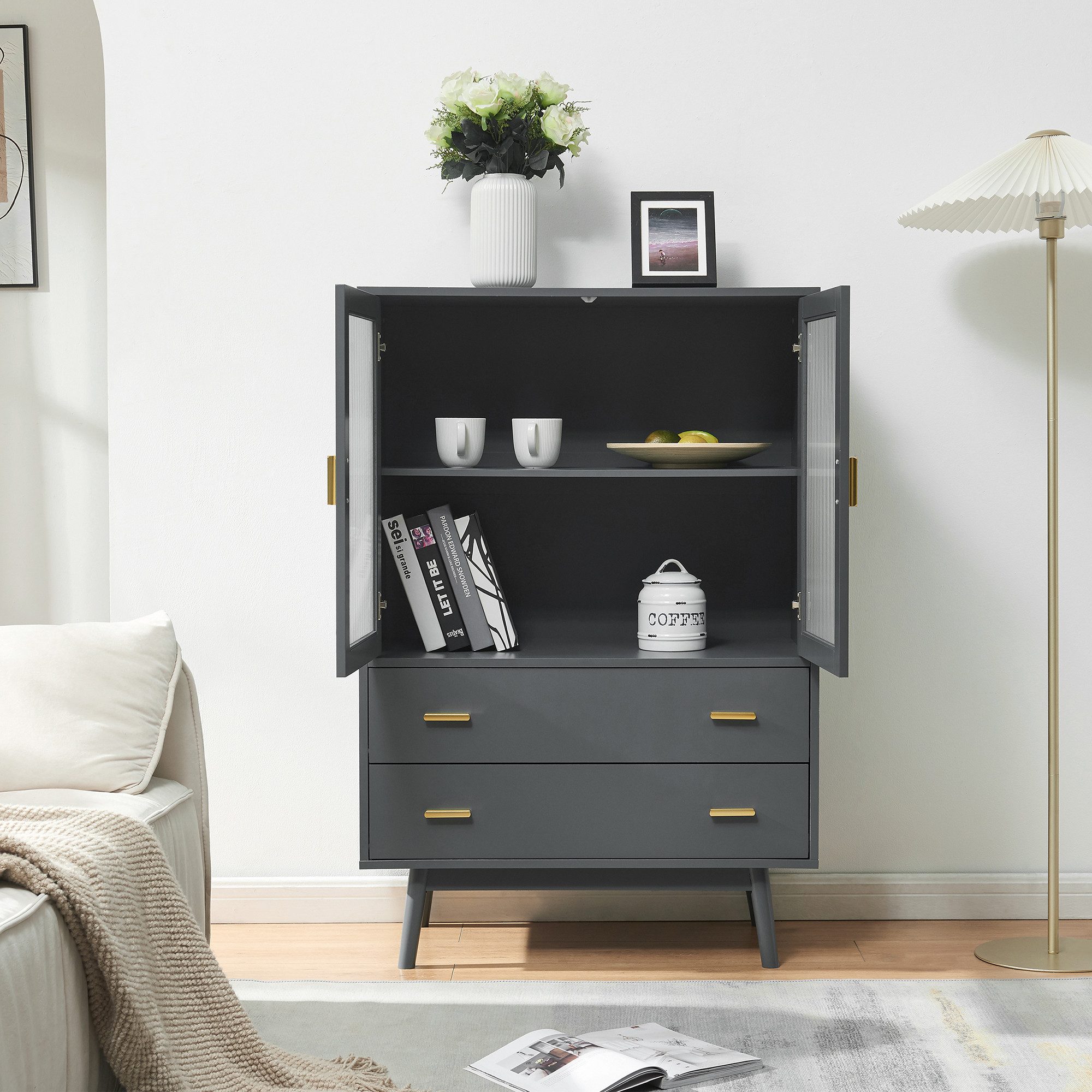 en.casa Vitrine »Susa« mit 2 Türen und 2 Schubladen 120 x 80 x 40 cm Grau günstig online kaufen