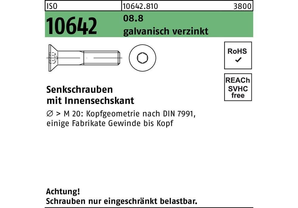 x 10642 galvanisch Senkschraube 8.8 M Senkschraube 16 Innensechskant ISO 6 verzinkt