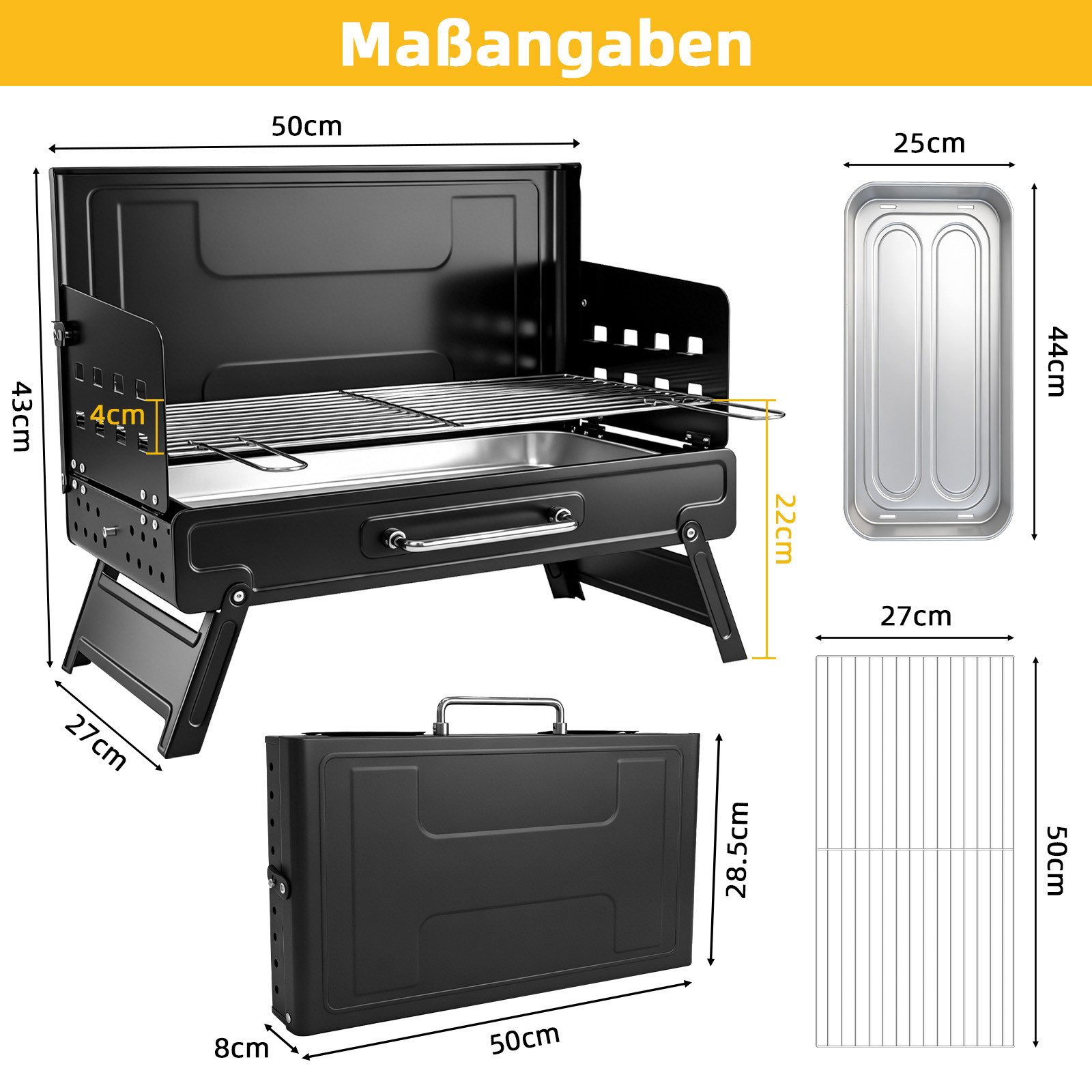 SunJas Holzkohlegrill K-501 Klappgrill Campinggrill Grillfläche:50cm*27cm, Reisegrill, Tragbarer grill BBQ Grill für 3-5 Personen, 2-stufige Rosthöhenverstellung