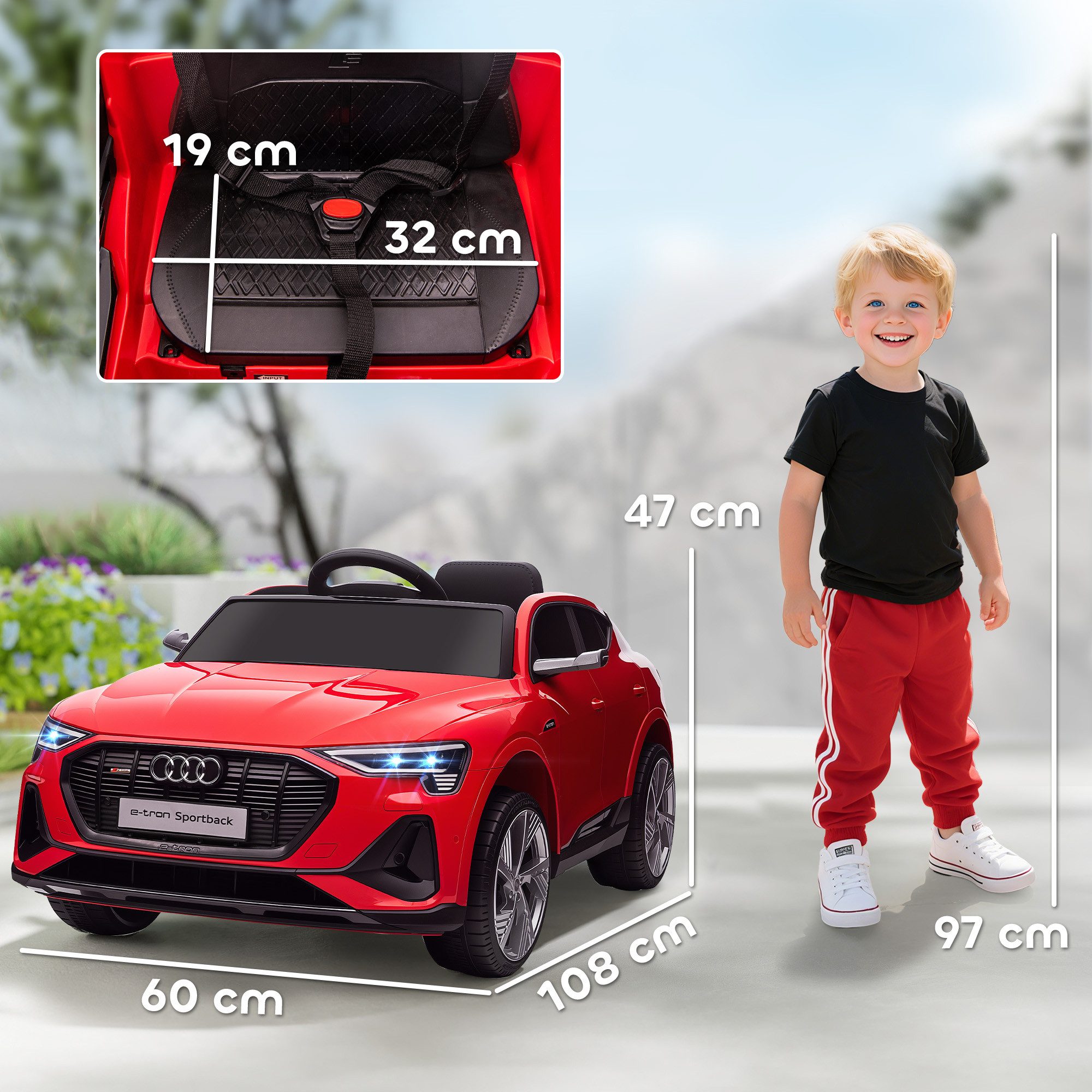 HOMCOM Elektro-Kinderauto 12V Audi E-tron mit Fernbedienung, Musikfunktion, Belastbarkeit 25 kg, (1-tlg), für Außenbereich, Rot