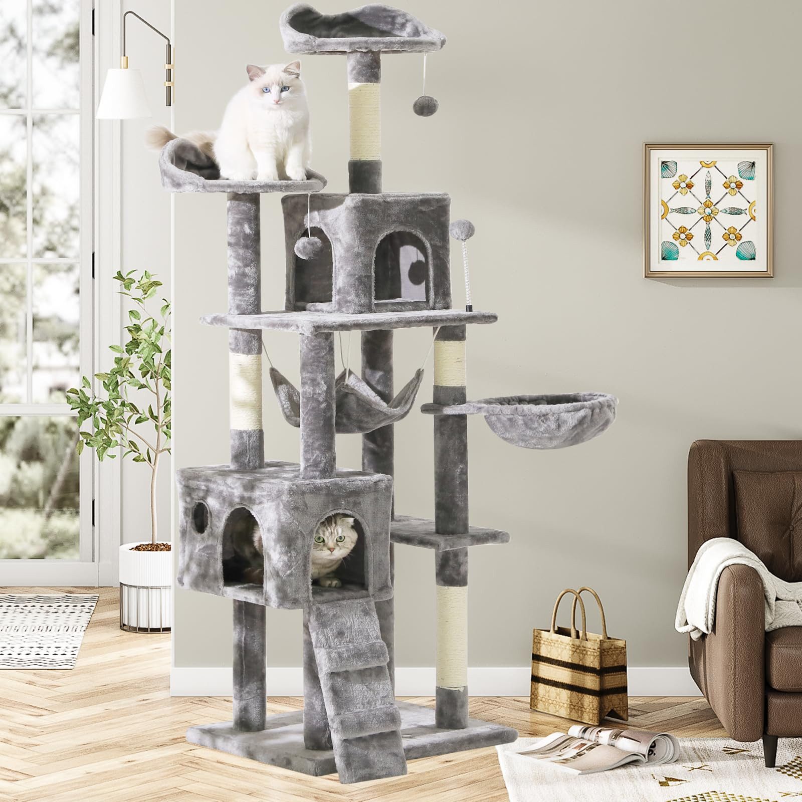 MSMASK Kratzbaum Stabil Katzenbaum mit Sisal-Seil, 176cm, Plüsch Liege höhlen Spielhaus Spielzeug für Mittelgroßer Katzen