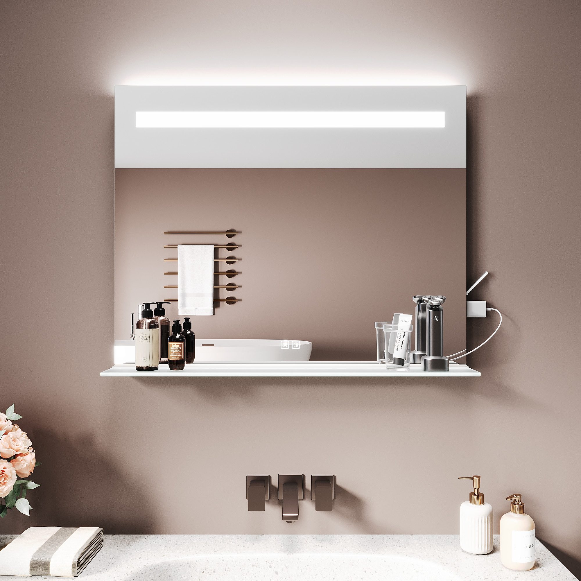 SONNI Badspiegel Badspiegel mit Beleuchtung LED mit Ablagefach, Drei Farbtemperaturen dimmbar, Antibeschlag, Ladesteckdose