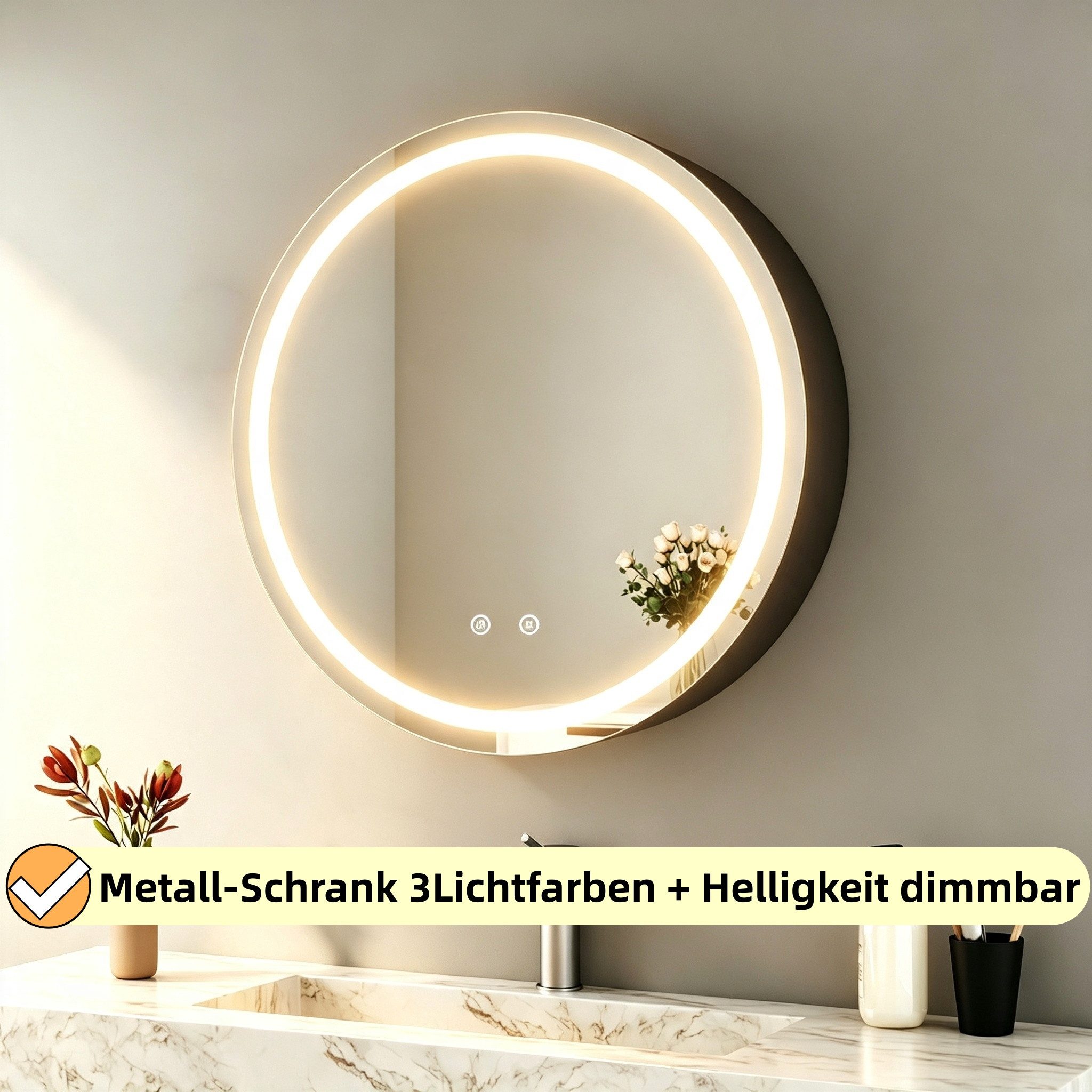 WDWRITTI Spiegelschrank Bad mit Beleuchtung Badezimmerspiegelschrank mit LED ∅80cm, ∅60cm (Wandschrank Badezimmer Rund 60x60cm 80x80cm, 3Lichtfarben, Dimmbar, Anti-fog, Speicherfunktion) Metall Schrank, Stahlblechregale, mit Netzadapter, IP44