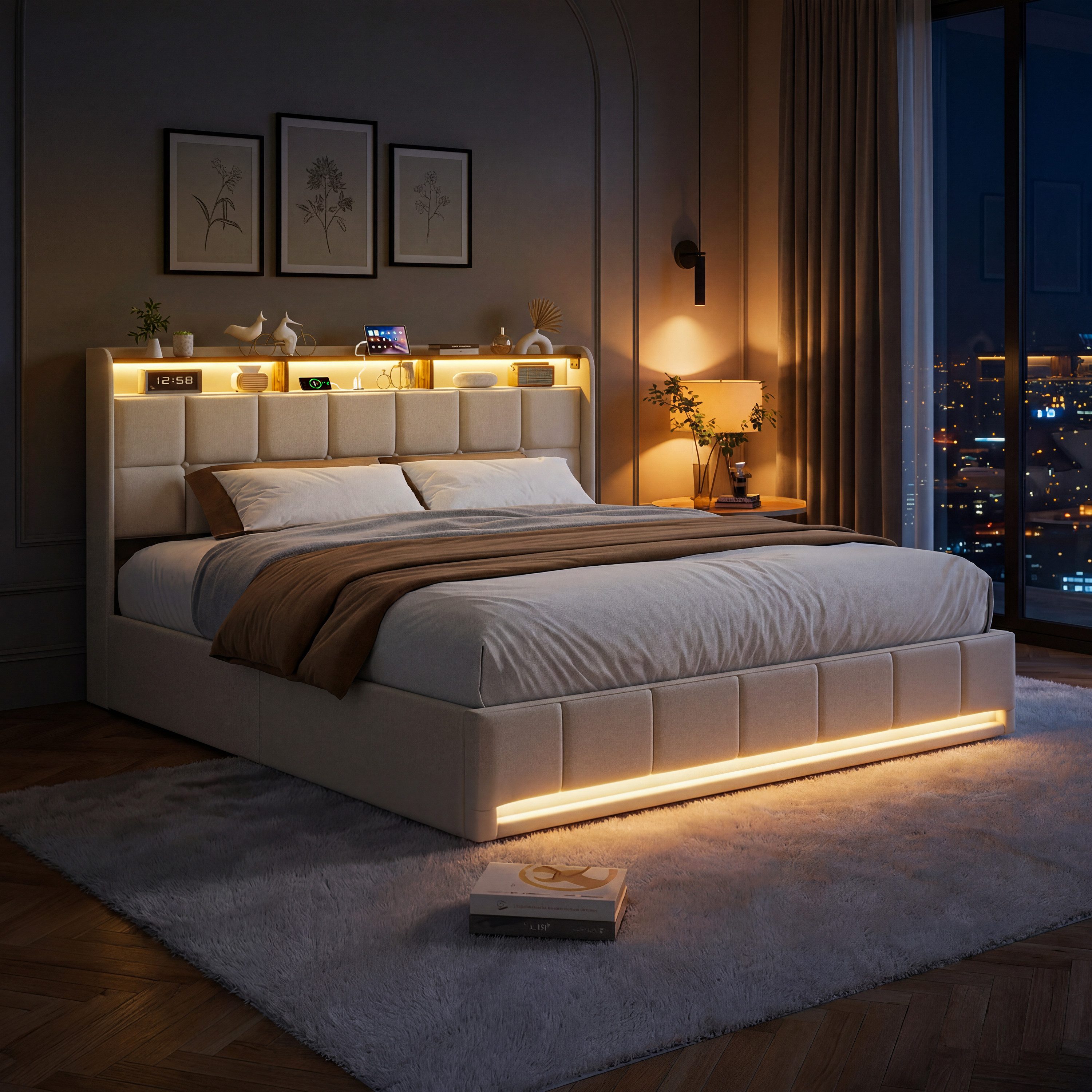 PXloue Polsterbett LED-Bett mit Stauraum und Ladeanschluss (Geeignet für Jugendliche und Erwachsene), Hydraulisches Stauraumbett, Bettkasten, Leinen