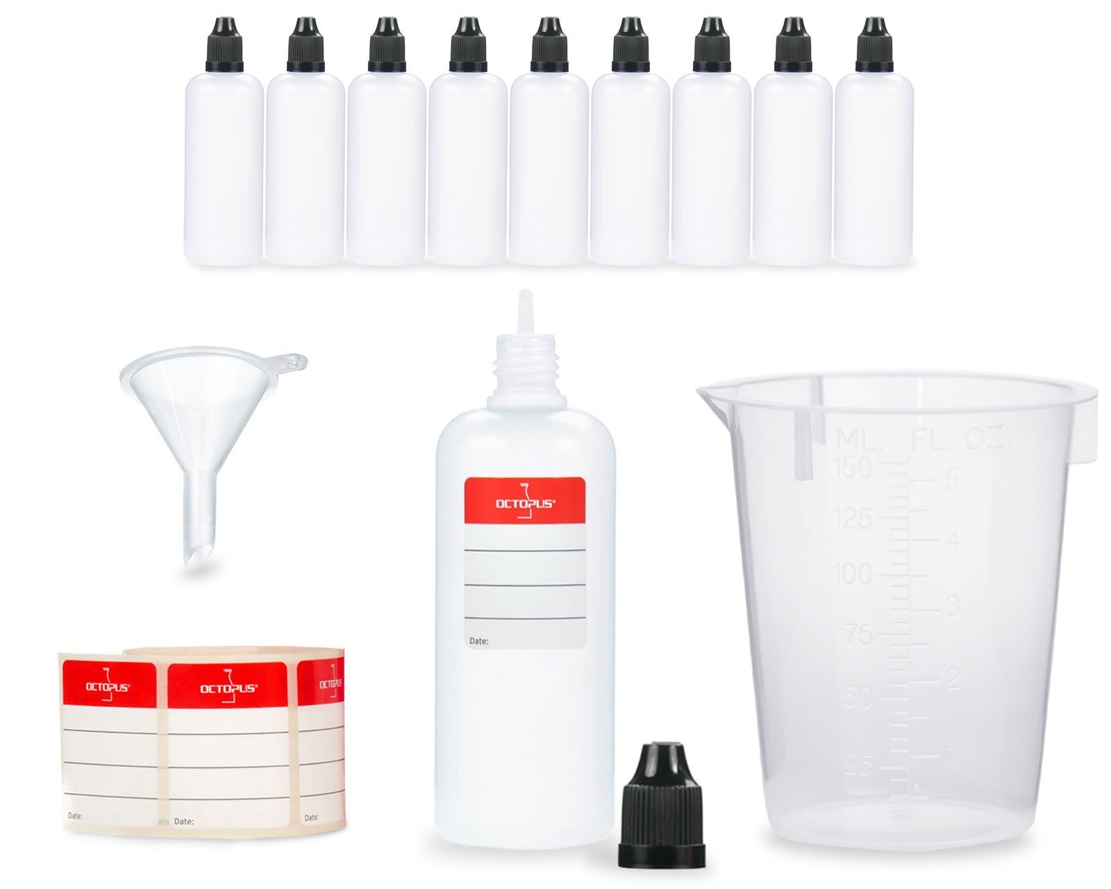 OCTOPUS Kanister 10 Plastikflaschen 100 ml LDPE, G14, Tropfeinsatz, Deckel schwarz, (10 St)