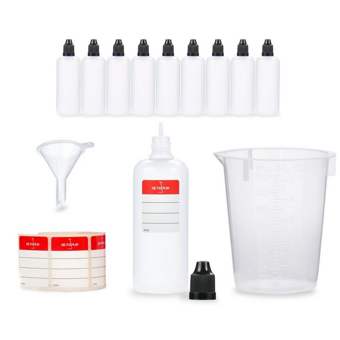 OCTOPUS Kanister 10 Plastikflaschen 100 ml LDPE G14 Tropfeinsatz Deckel schwarz (10 St)