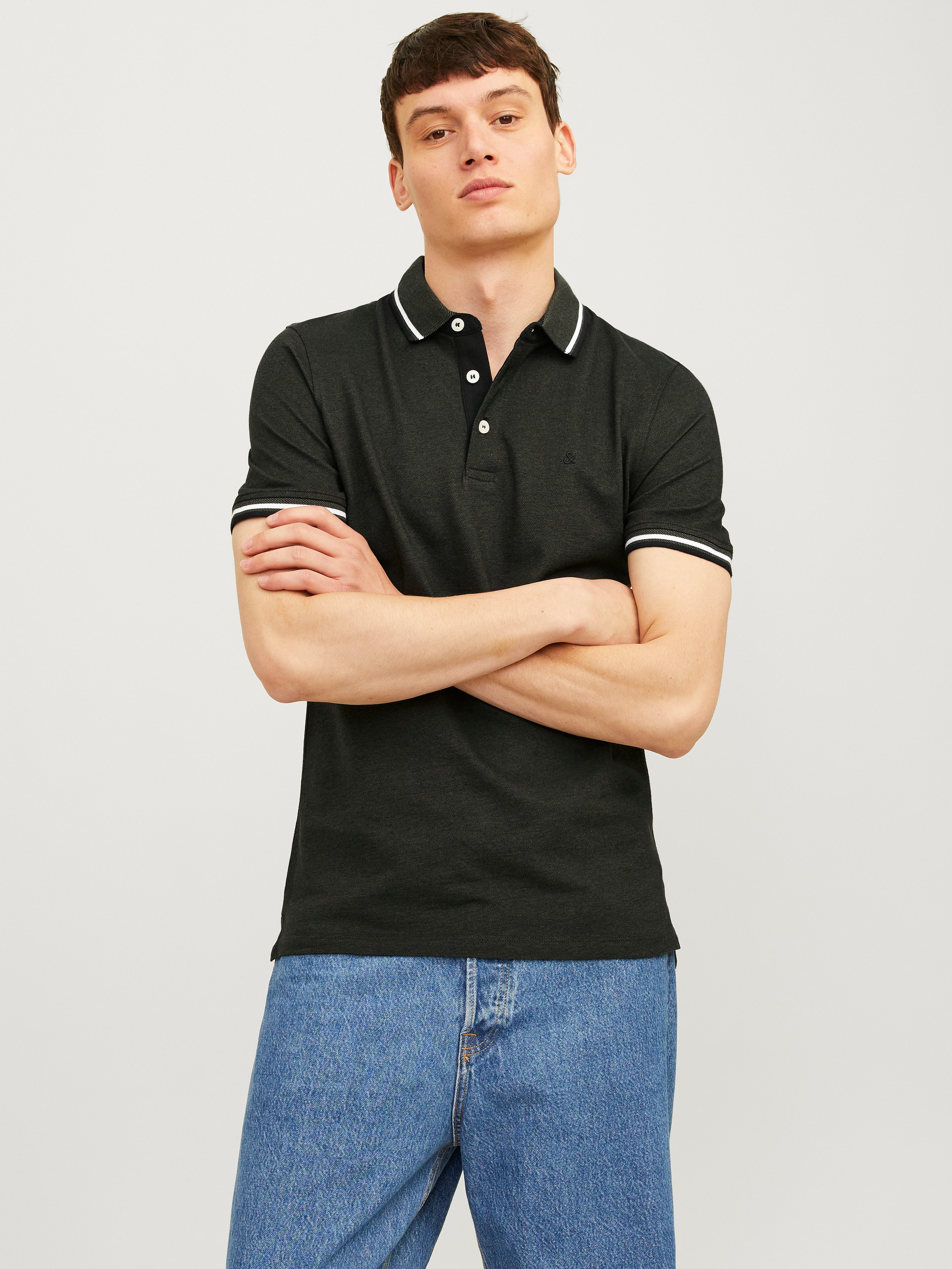 Jack & Jones Poloshirt JJEPAULOS im Doppelpack mit Logostickerei und Komfort (Packung, 2-tlg., 2er-Pack) unifarben mit Farbeinsatz, modisch, schmal, Baumwolle, Polokragen