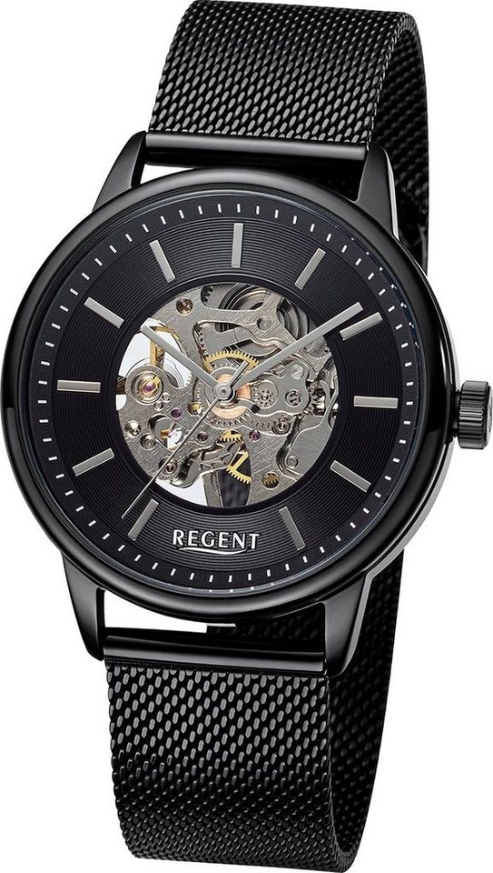 Regent Quarzuhr Regent Herren Armbanduhr Analog, Herrenuhr Metallarmband  schwarz, rundes Gehäuse, extra groß (ca. 40mm)