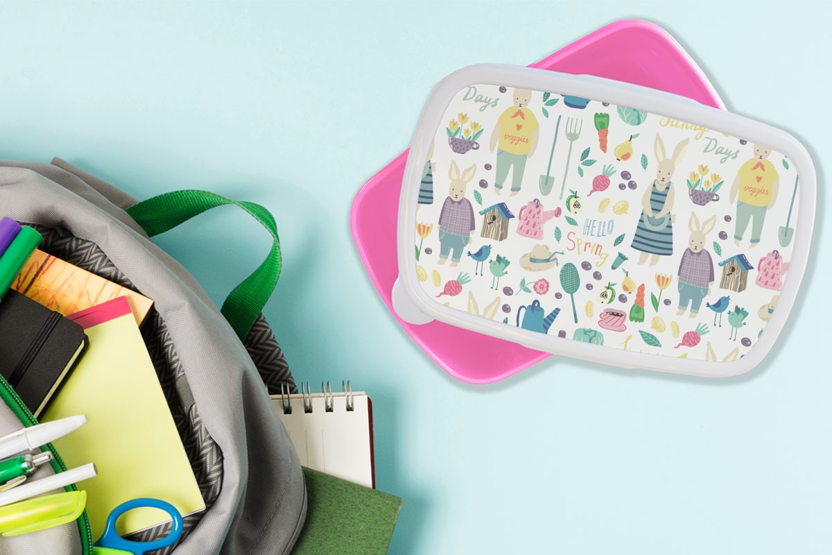 rosa (2-tlg), - Mädchen, Lunchbox Garten, Muster Snackbox, - Frühling - Erwachsene, Brotbox Kunststoff Kinder, für Kaninchen Brotdose MuchoWow Kunststoff,
