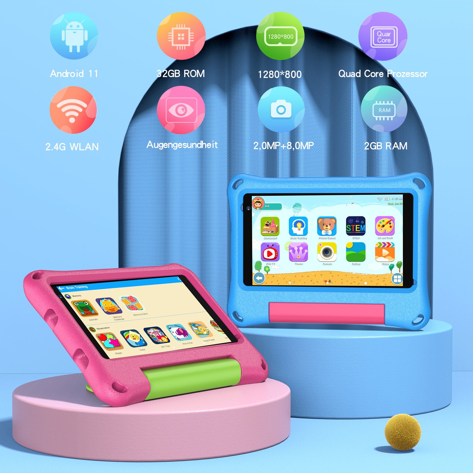 VASOUN 7 Zoll Kinder tablet,32 GB,wifi,Kindersicher,Kinder Lern-Tablet Tablet (7-Zoll-Tablet", 32 GB, Android, (Anti-Blaulicht,Vorinstallierte Kinder Lernsoftware,Robustes Design)