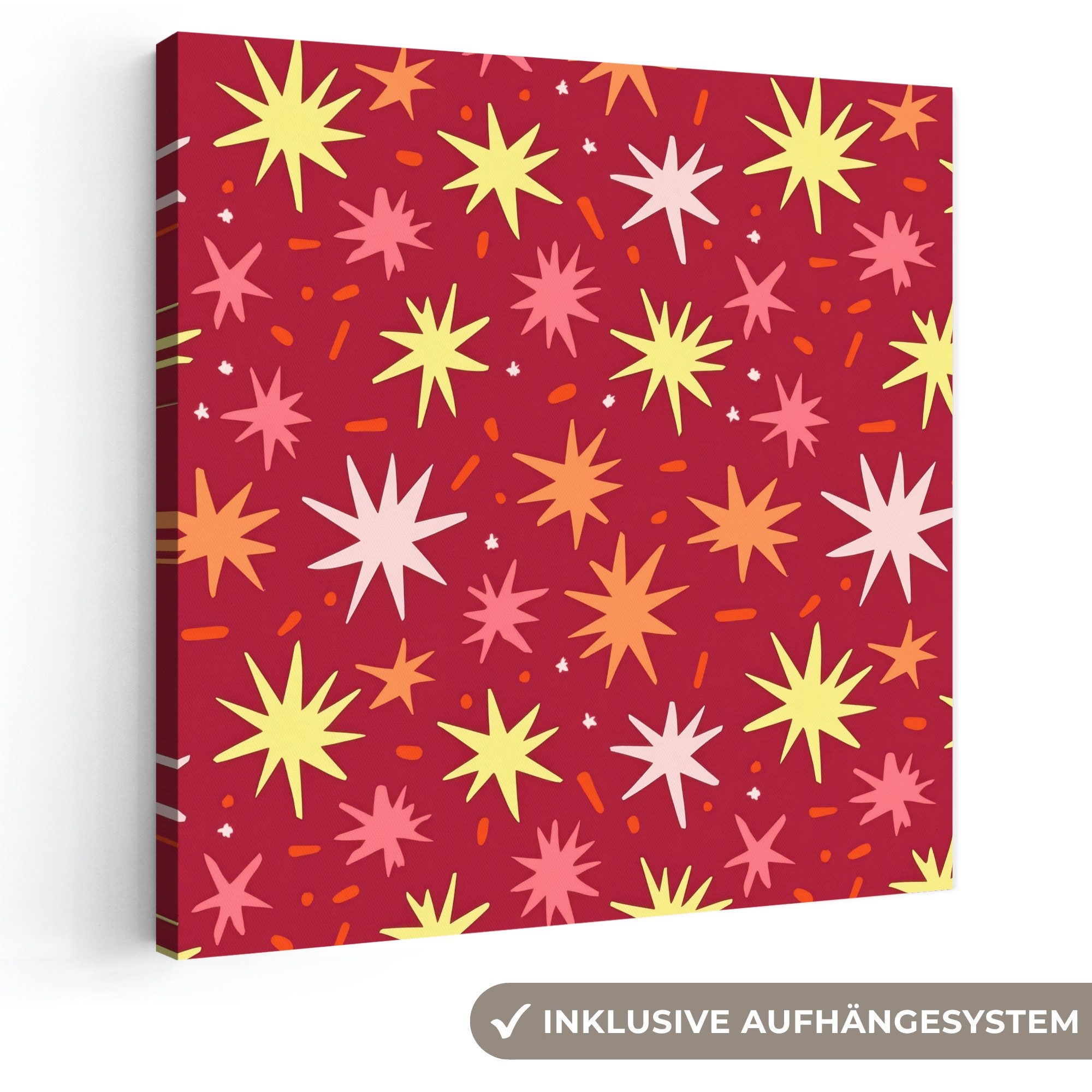 OneMillionCanvasses® Leinwandbild Sterne - Verspielt - Rot, Fotodruck (1 St), Wandbild, Deko Schlafzimmer Wohnzimmer Flur 20x20 cm