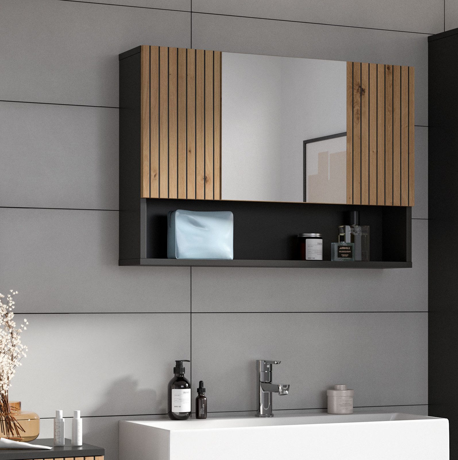 Inn.Furn Badezimmerspiegelschrank Livia (Badspiegel in Eiche Artisan mit Rillen, 3-türig, Breite 80 cm) mit 7 Fächern