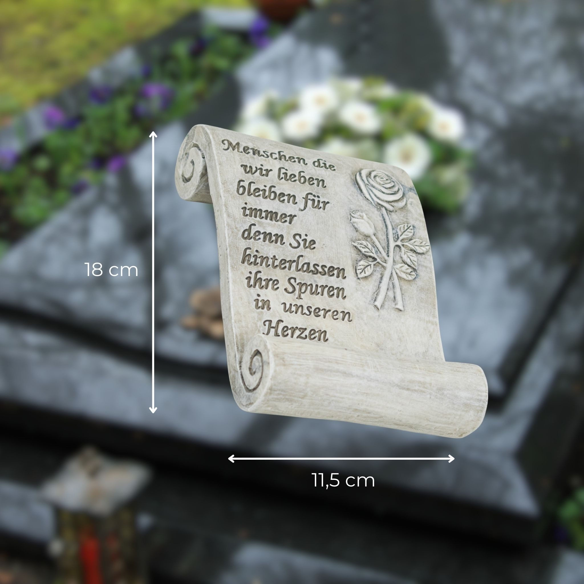 matches21 HOME & HOBBY Dekofigur Grabschmuck Schriftrolle mit Spruch und Rose (1 St), Wetterfeste Trauer Grab-Deko für Friedhof, Allerheiligen – Bild 2 von 5