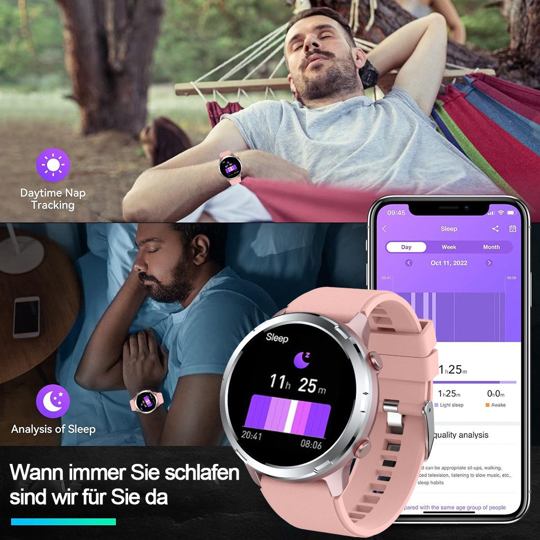 MOPUEA Smartwatch Damen & Herren mit Anruf, IPX8, Fitness & 1,32“ Display Smartwatch (3.35 cm) Smartwatch, Smartwatch mit Anruffunktion Fitness Tracking und IPX8 Schutz, Bluetooth Anrufe IPX8 wasserdicht Fitness Tracking 1,32 Zoll Display