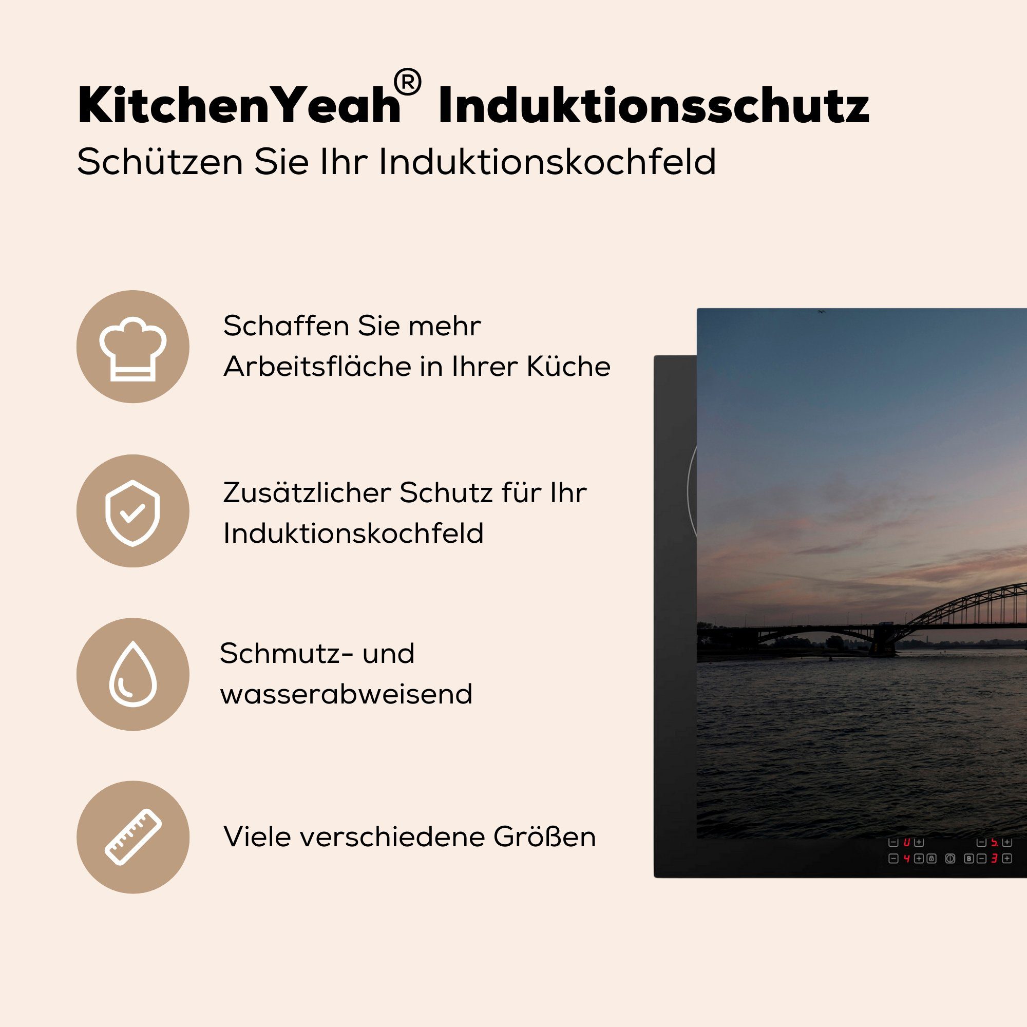 Induktionskochfeld (1 küche, 81x52 cm, Herdblende-/Abdeckplatte - Schutz - Sonnenuntergang, für MuchoWow Nijmegen die Vinyl, Brücke Ceranfeldabdeckung tlg),