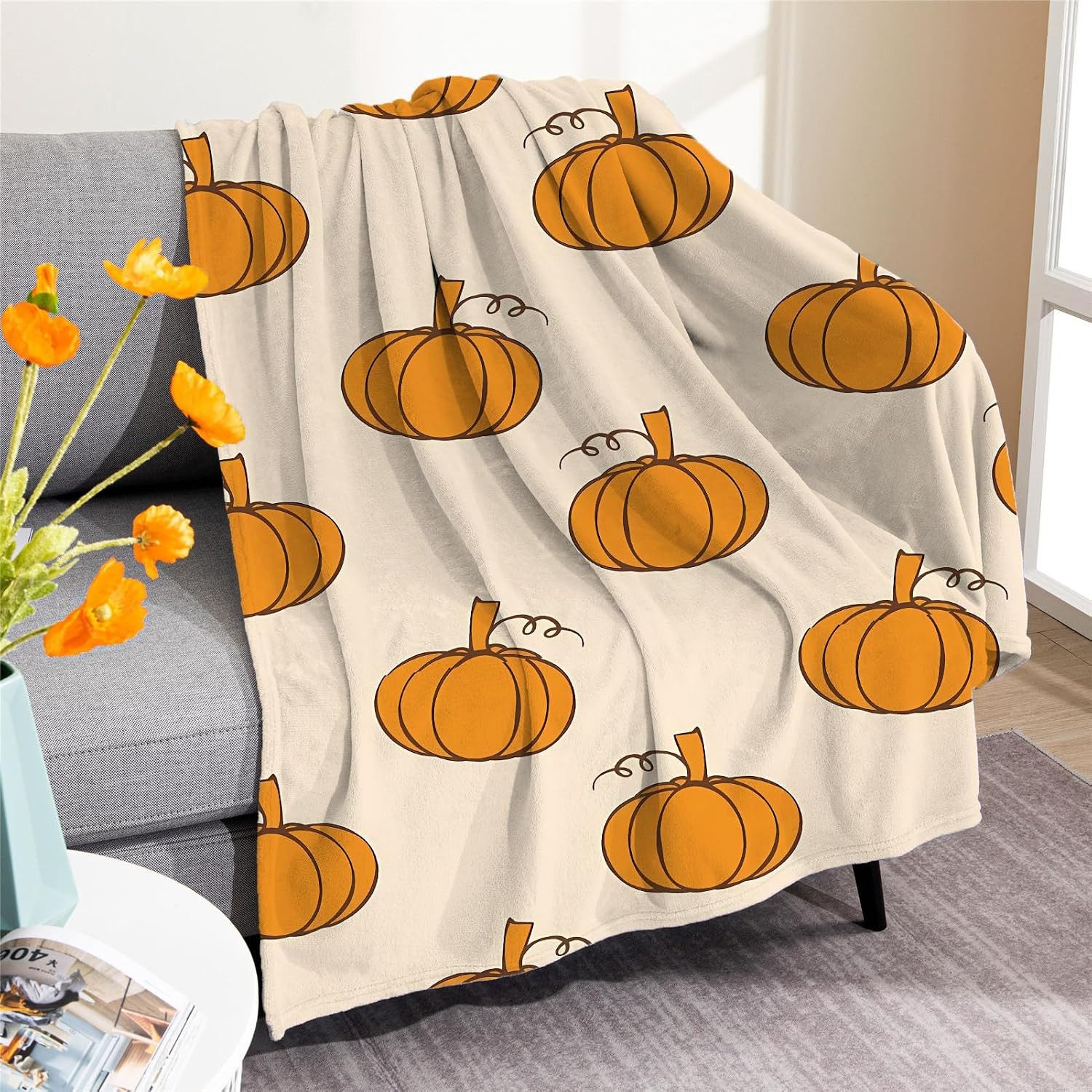 Wohndecke Halloween-Kürbisdecke aus Fleece, 130 × 150 cm, FOUORTUNATE-BEE, Kuschelige Flanelldecke für Kinder, Sofa und Halloween