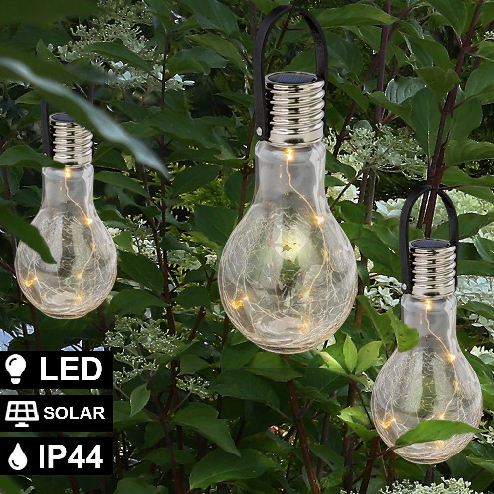 etc-shop LED Solarleuchte, LED-Leuchtmittel fest verbaut, Warmweiß, 3x LED  Solar Pendel Lampe Crackle Glas Glühbirne Außen Deko