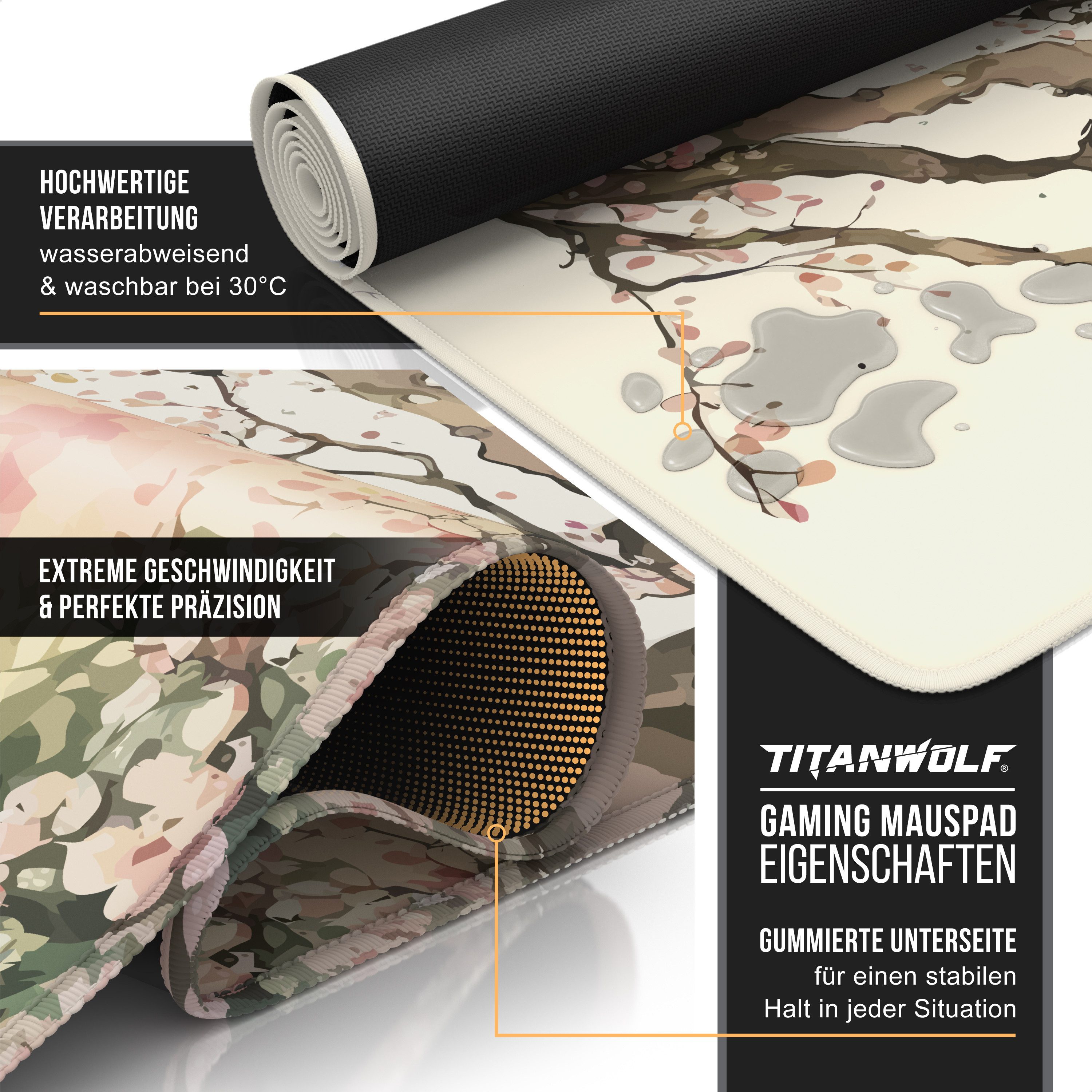Titanwolf Gaming Mauspad XXL Speed Mousepad 900 x 400 x 3 mm, Schreibtischauflage, abwaschbar (1-St), rutschfest, Geschwindigkeit & Präzision, Japan Ink Paintin – Bild 3 von 5