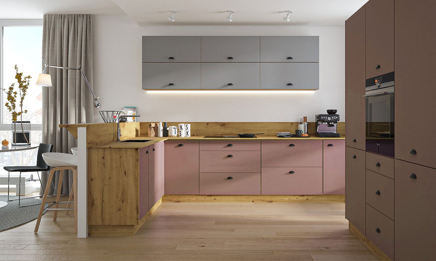 Feldmann-Wohnen Winkelküche Bonn, (Soft-Close-Funktion, Schubladen mit Teilauszug, Besteckkasteneinsatz), 310cm eiche artisan matt/rosé kupfer matt + dust grey matt 15-teilig