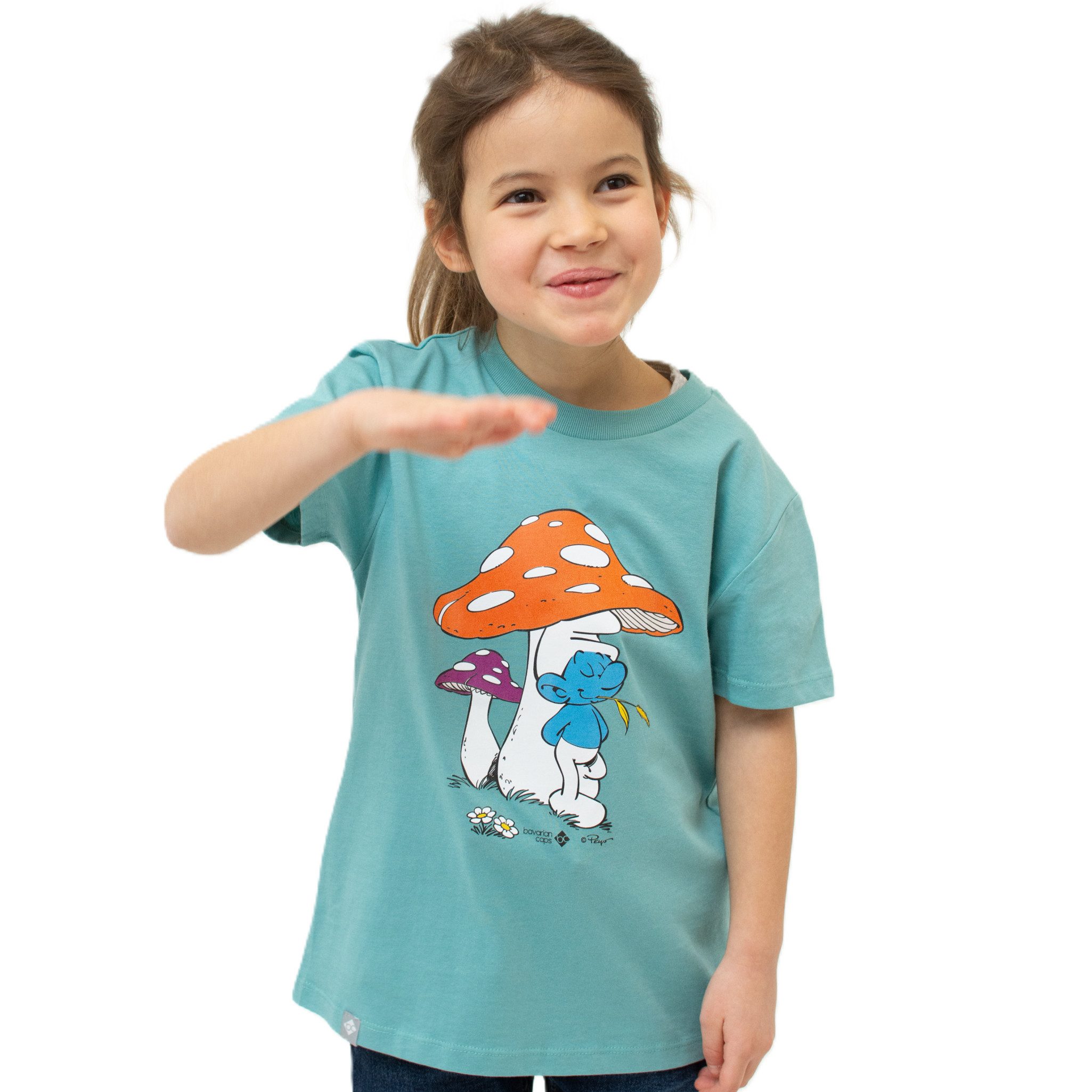 Bavarian Caps T-Shirt Bavarian Caps T-Shirt "Schlümpfe: Schwammerlschirm" blaugrün (Kinder) (T-Shirt, T-Shirt)