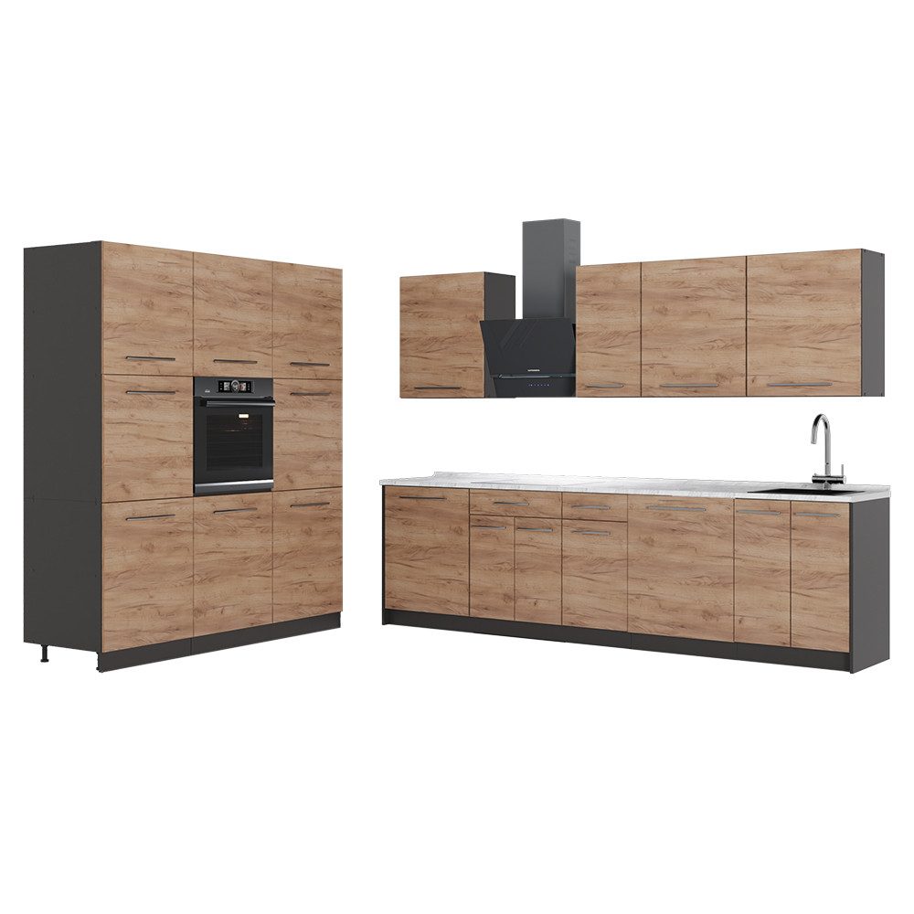 Vicco Küchenzeile Fame-Line, Goldkraft Eiche/Anthrazit, 460 cm ohne Arbeitsplatte