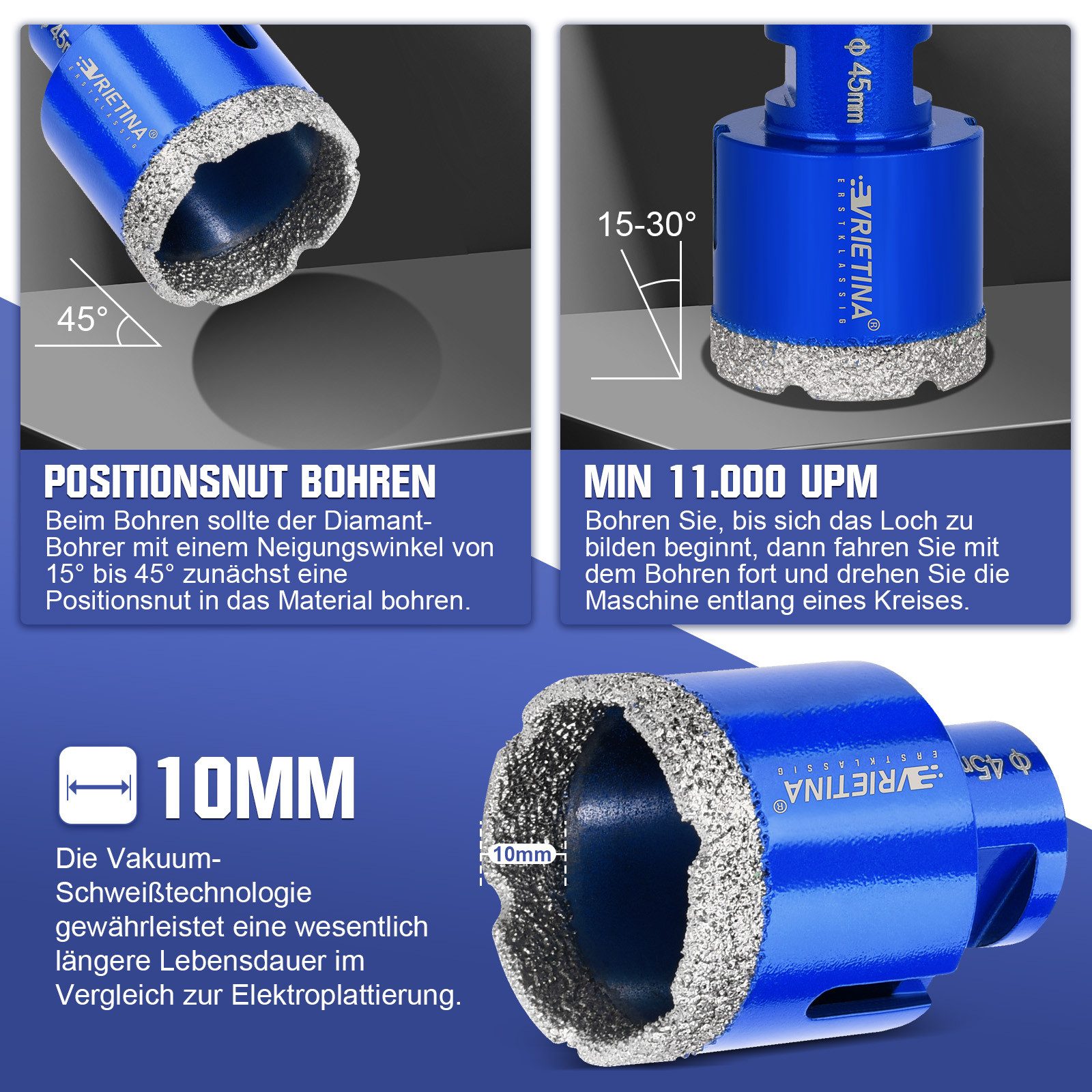 XERSEK Fliesenbohrer 11 Diamantbohrer Fliesenbohrer Set für Porzellan Fliese Granit Marmor, (6/8/10/12/20/35/45/50/68mm + 2X 125mm Trennscheibe)