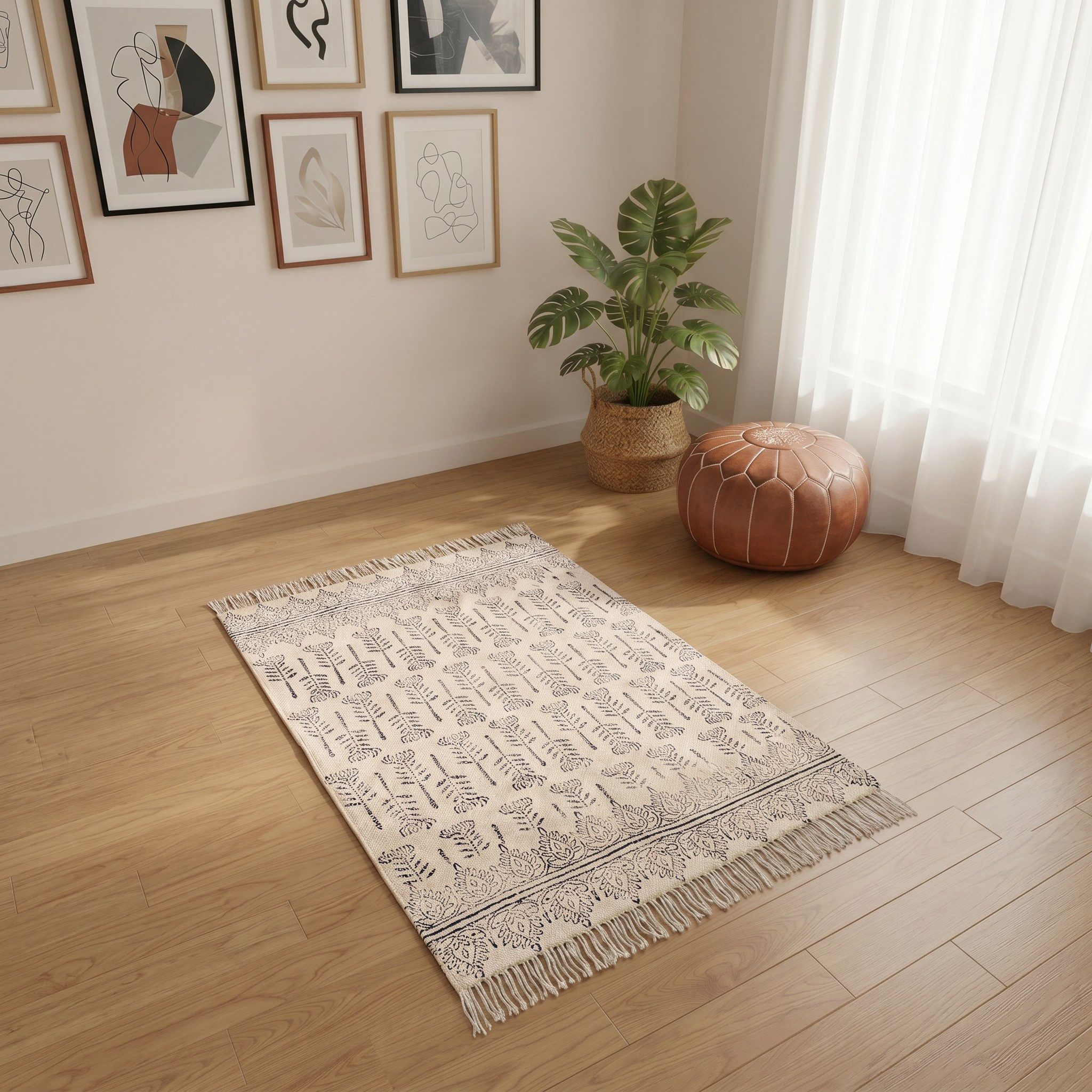 Guru-Shop Teppich Handgewebter Blockdruck Teppich 95*65 cm,.., Höhe: 95 mm