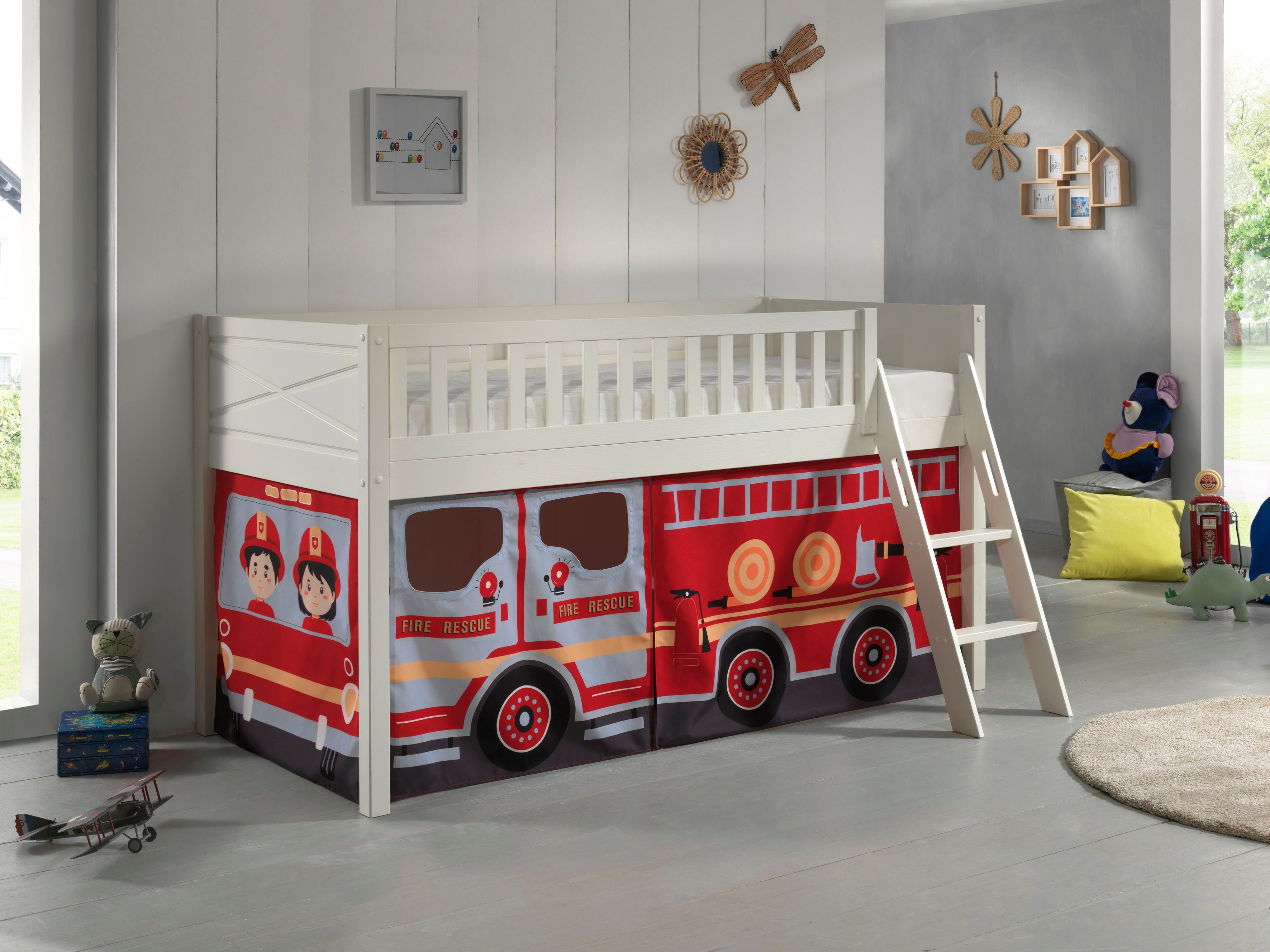 Vipack Hochbett Scott (Made in Europe) mit schräger Leiter, LF 90x200 cm, Vorhang, Tunnel, 7 Designs