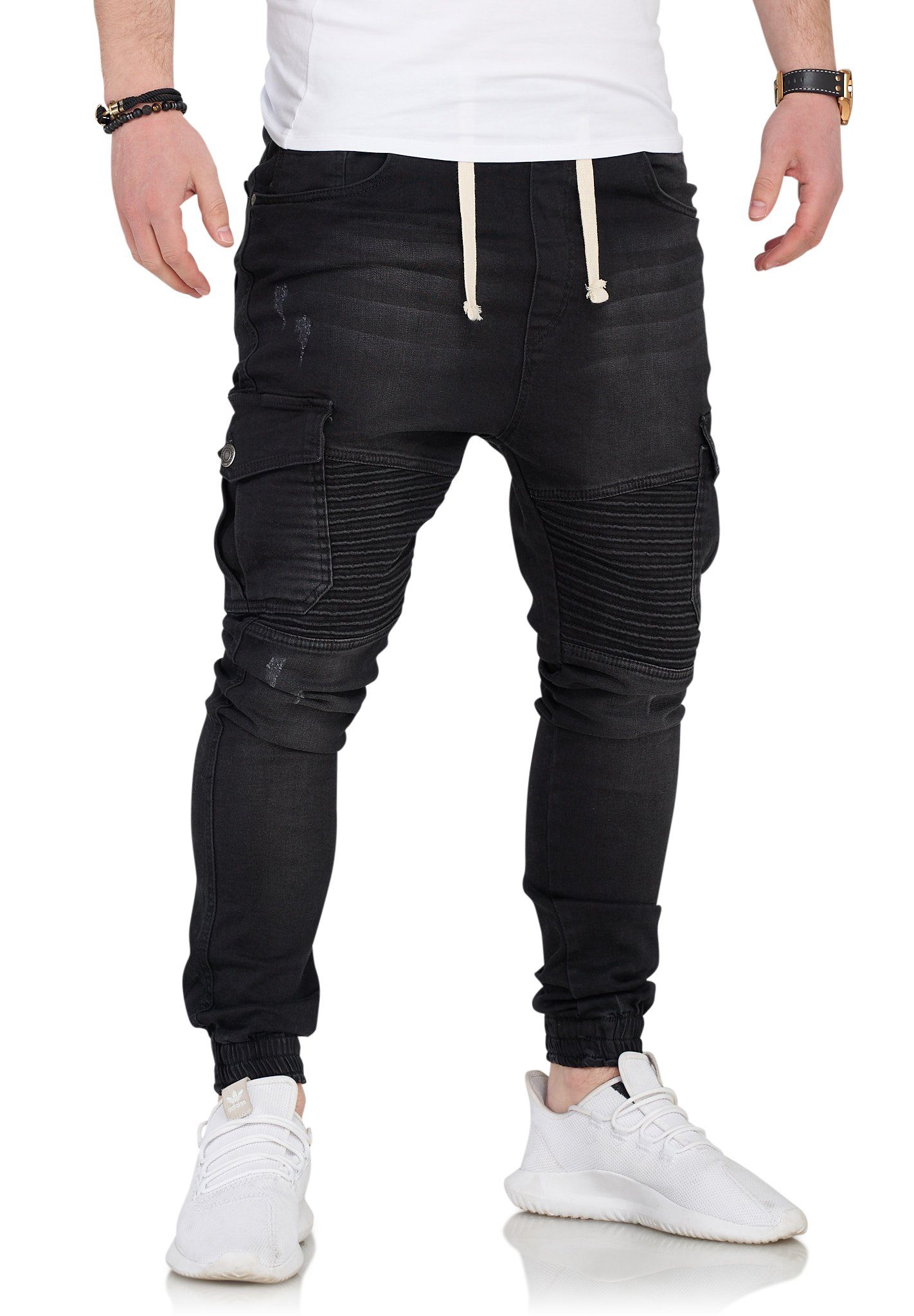 behype Slim-fit-Jeans KIANS Biker-Steppung mit